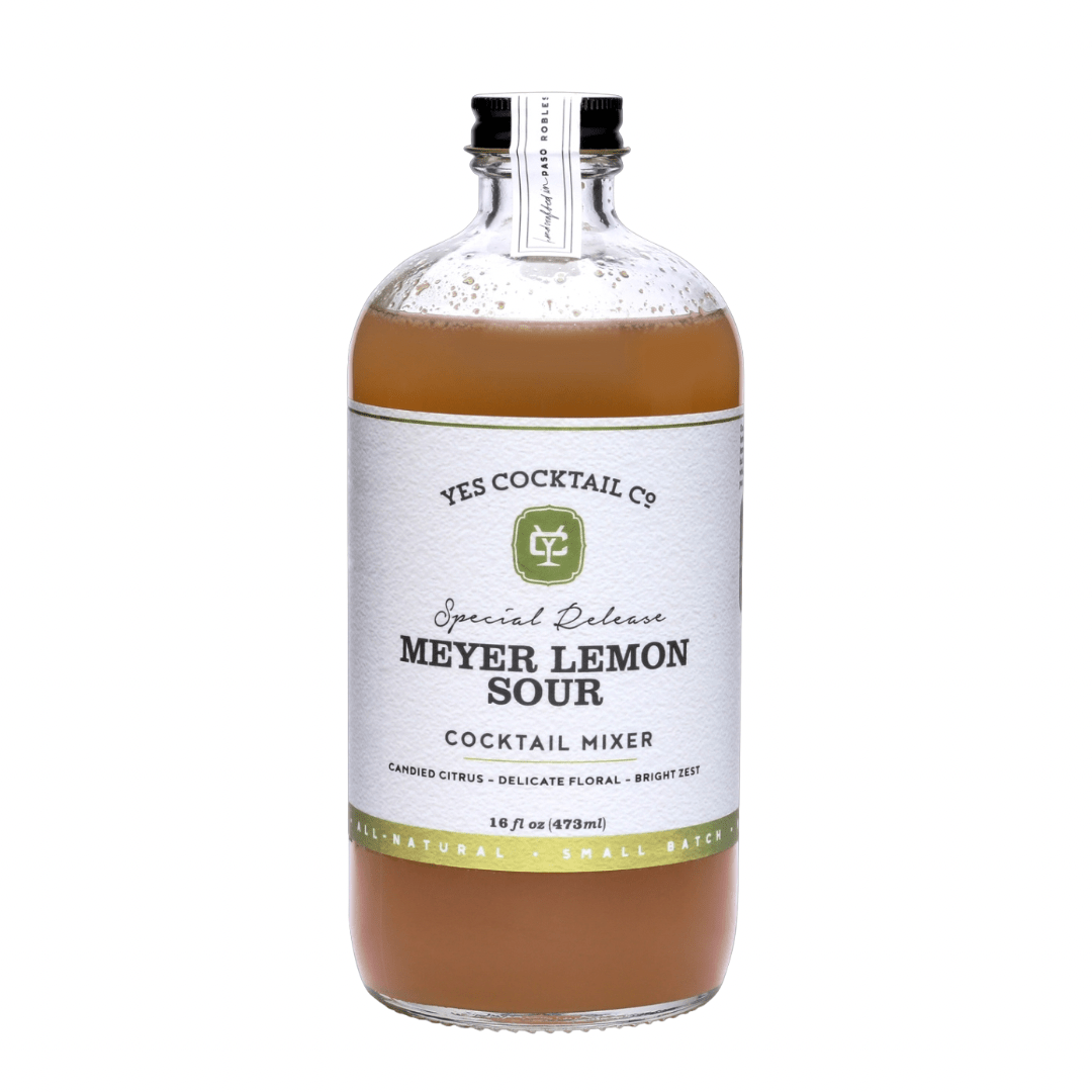 A 16 oz bottle labeled 'Meyer Lemon Sour' by Yes Cocktail Co., indicating it is a specialty cocktail mixer.