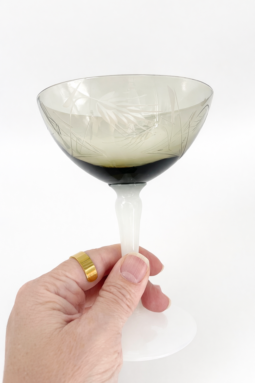 Art Deco champagne coupe with smoke glass bowl and opaline stem