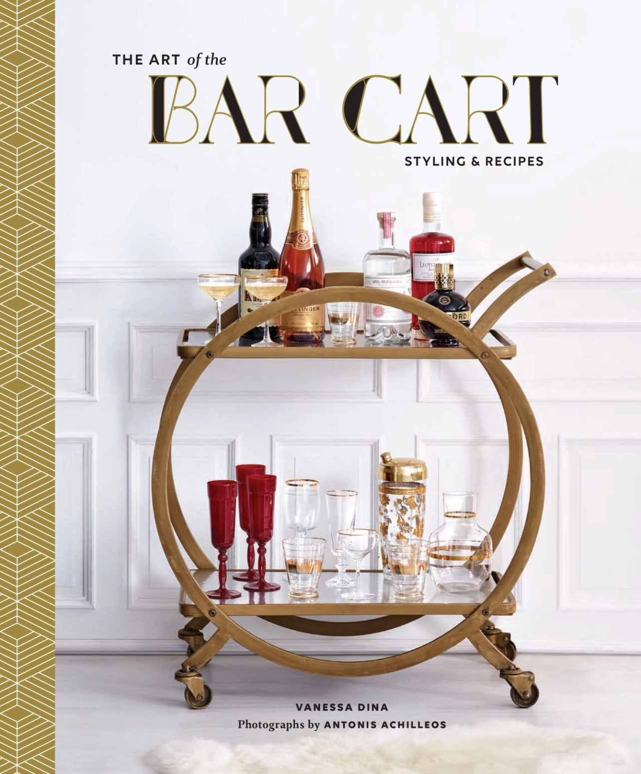 Cover of The Art of the Bar Cart book featuring a styled brass bar cart with cocktail glasses and bottles, a stylish gift for cocktail lovers.