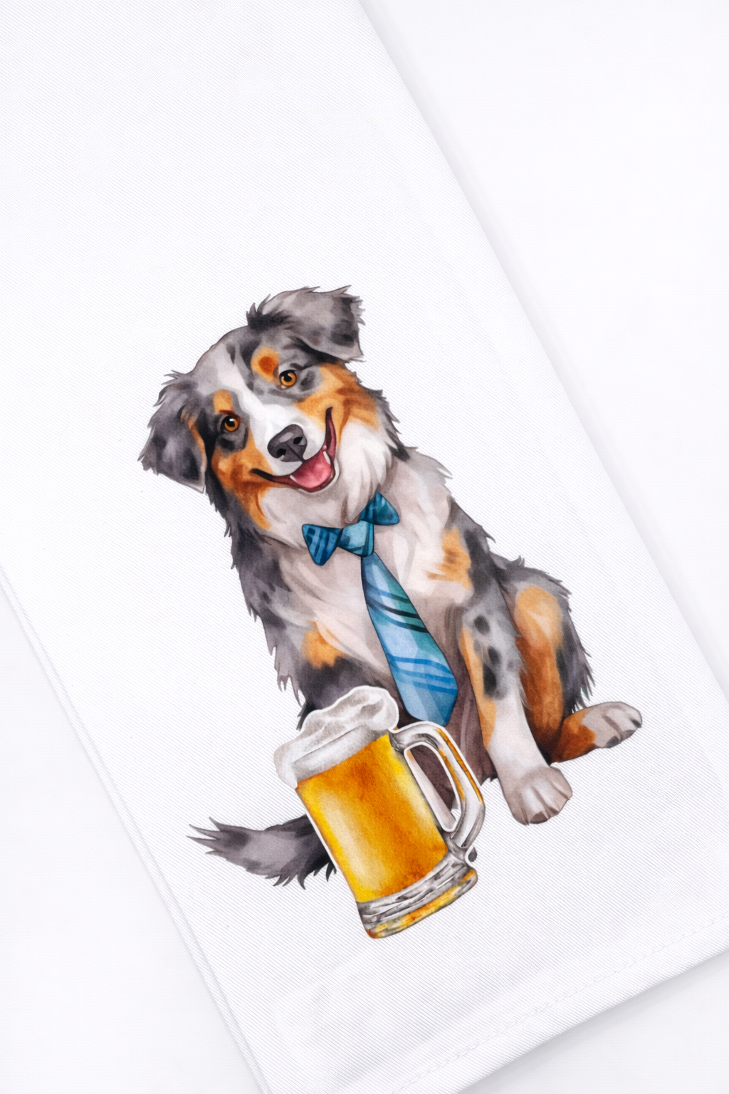 Watercolor Australian Shepherd kitchen towel featuring a dog holding a beer mug