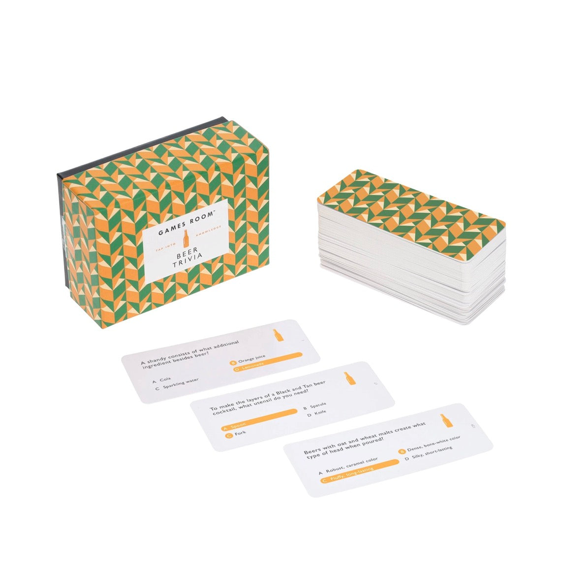 Beer Trivia game by Games Room with box and trivia cards laid out, a fun party game and gift for cocktail and beer lovers.