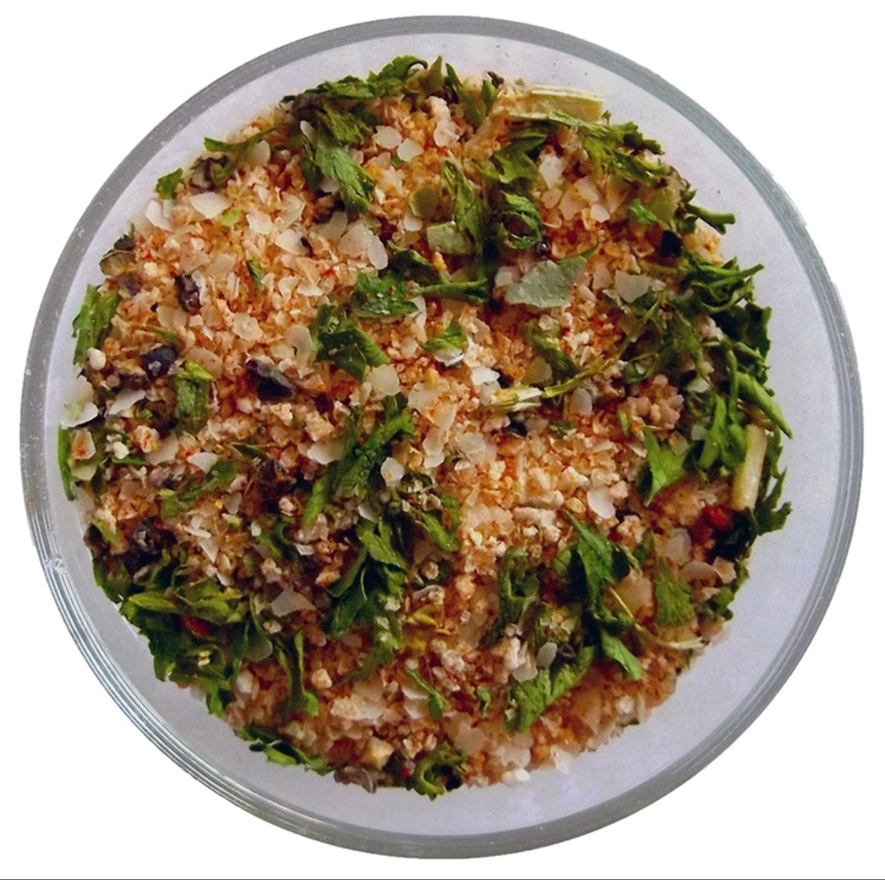 Close-up of rokz Bloody Mary salt rimmer showing textured blend of spices, citrus peel, and flake salt.