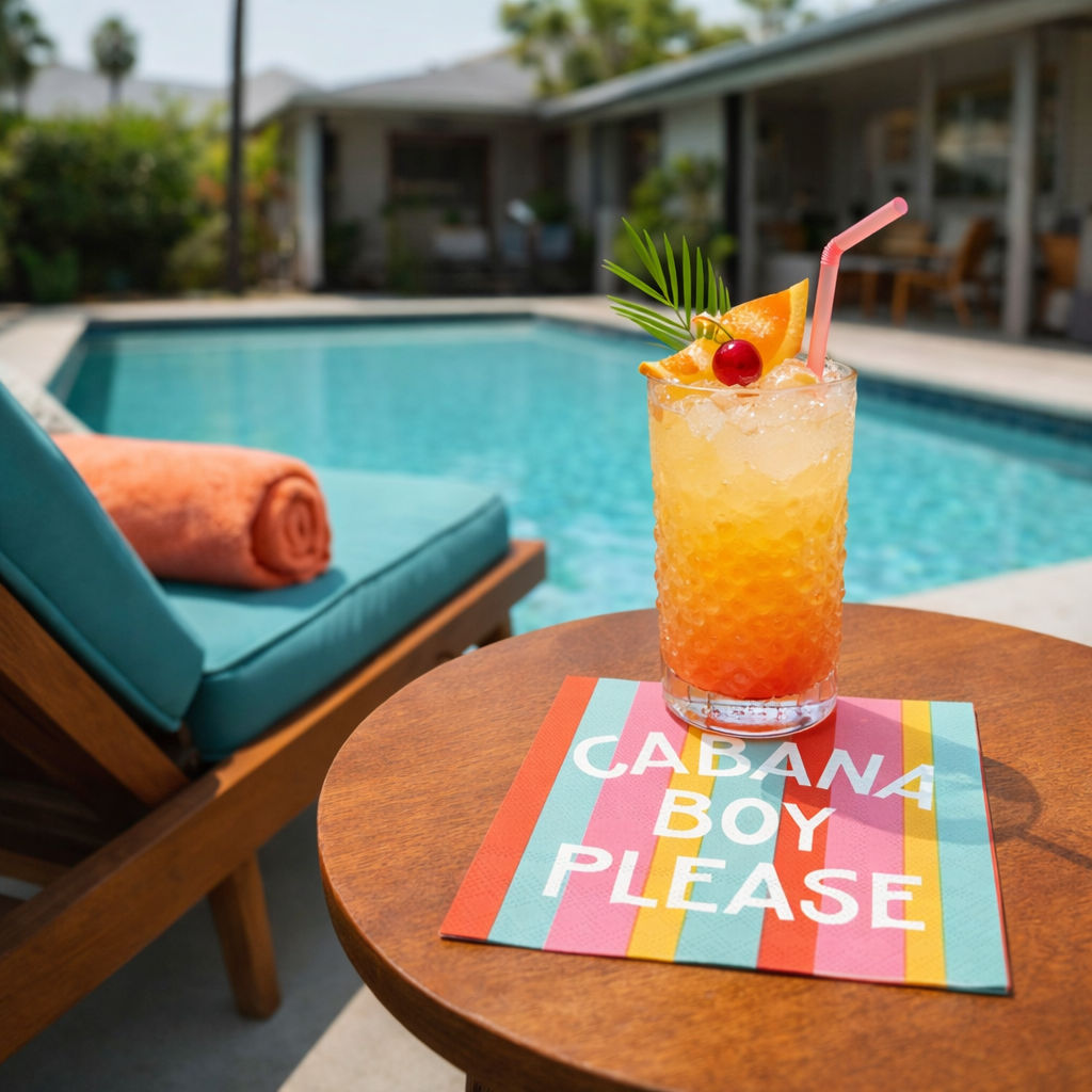 Cabana Boy Please cocktail napkin on a poolside table with a tropical drink beside a mid-century modern pool lounger, perfect for summer pool parties and cocktail entertaining.