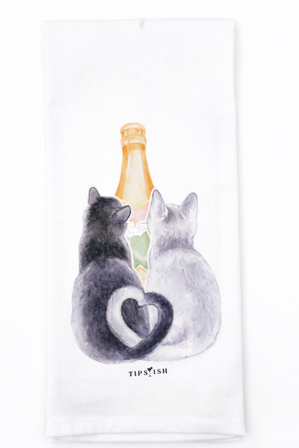 Cat lover tea towel featuring two cats and a champagne bottle