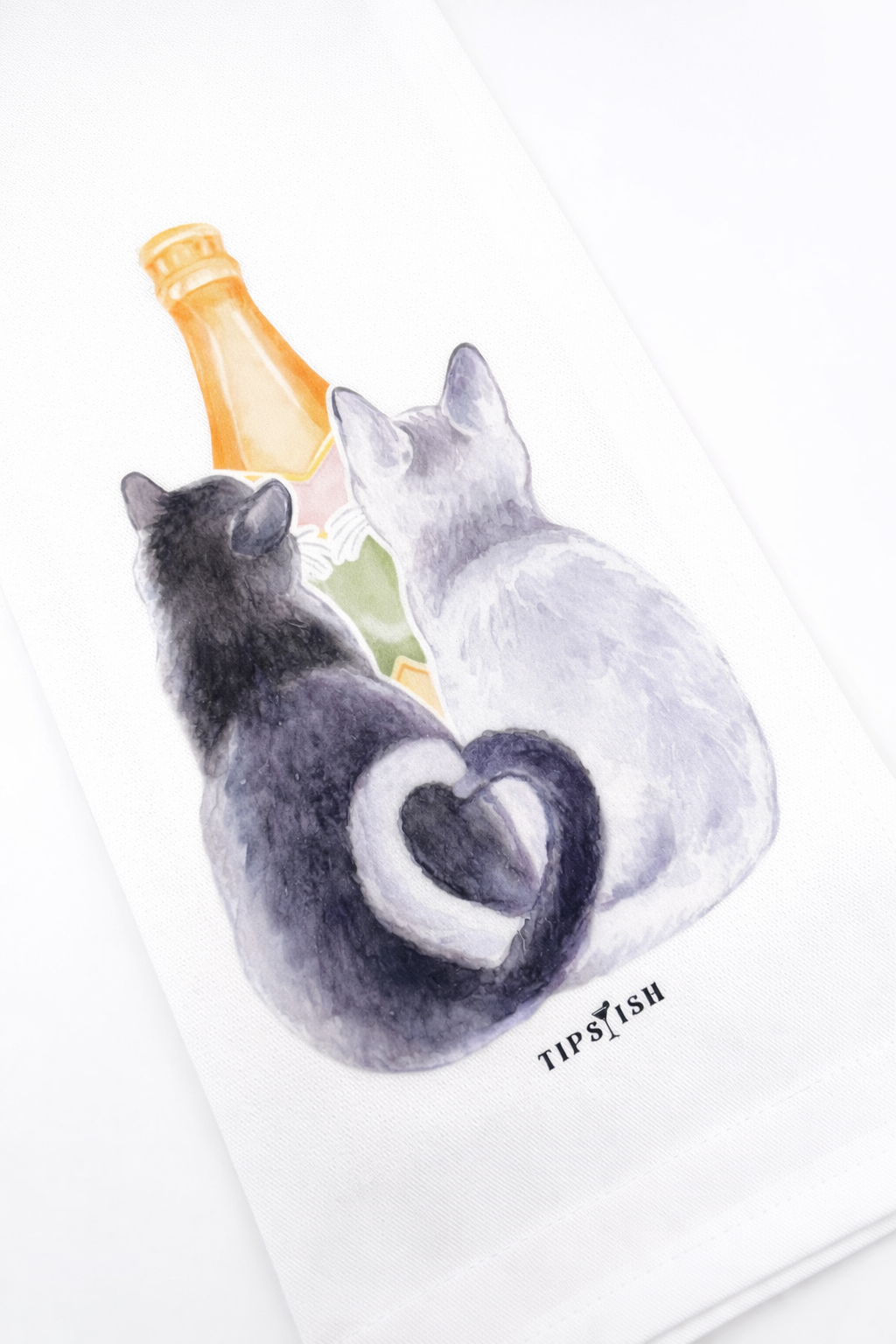 Watercolor cats and champagne kitchen towel with cozy cat illustration