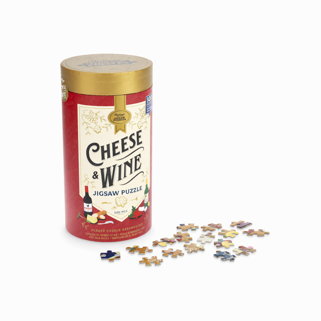 Cheese and wine themed jigsaw puzzle in decorative cylinder with puzzle pieces, a fun gift for cocktail lovers, wine lovers, and cozy entertaining nights