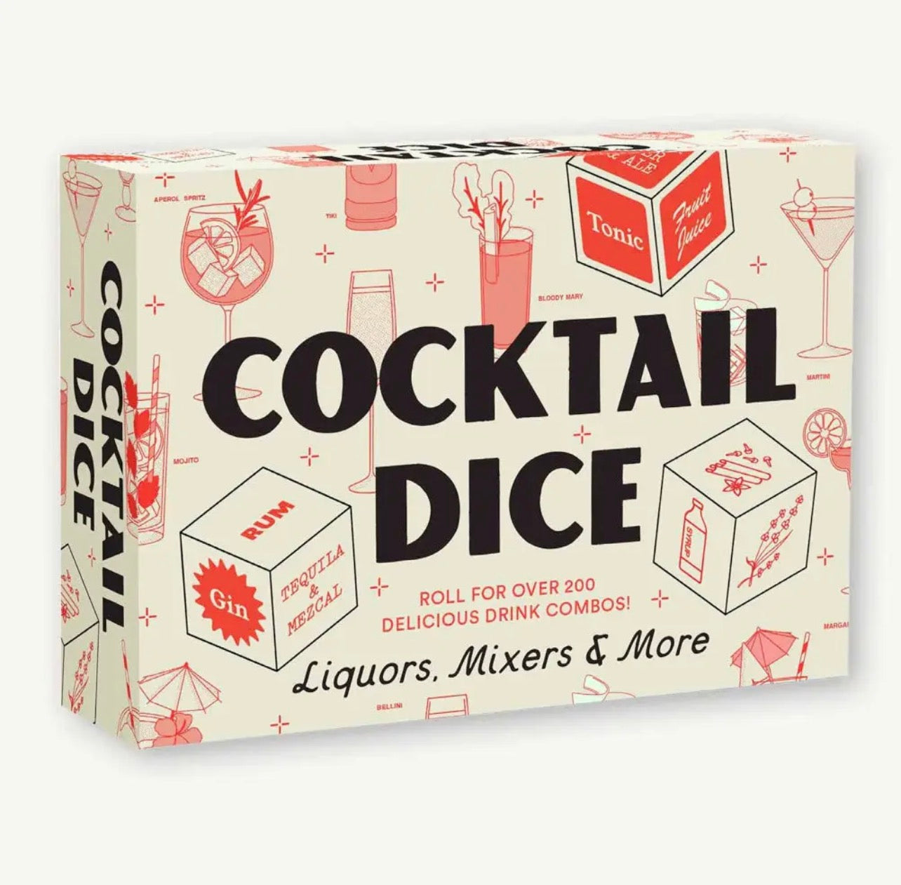 Cocktail Dice drinking game box featuring illustrated cocktail icons and dice for mixing liquors, mixers, and drink combinations, a fun gift for cocktail lovers