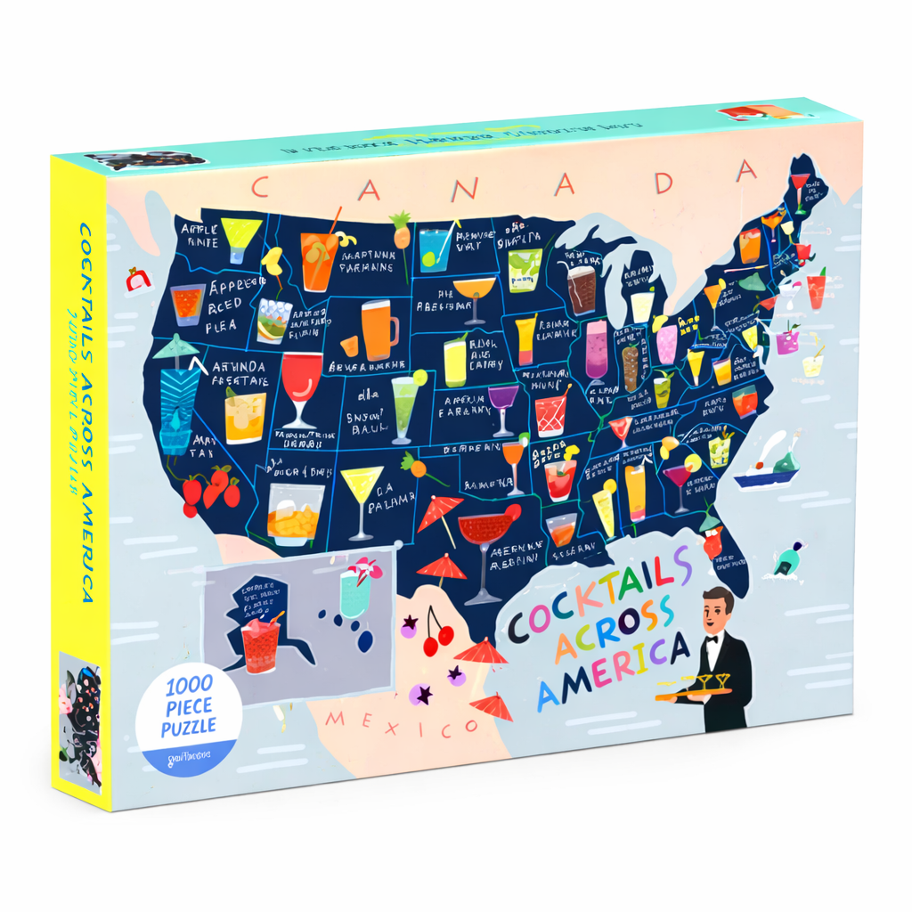 Cocktails Across America 1000-piece cocktail puzzle, a unique gift for cocktail lovers featuring an illustrated U.S. cocktail map.