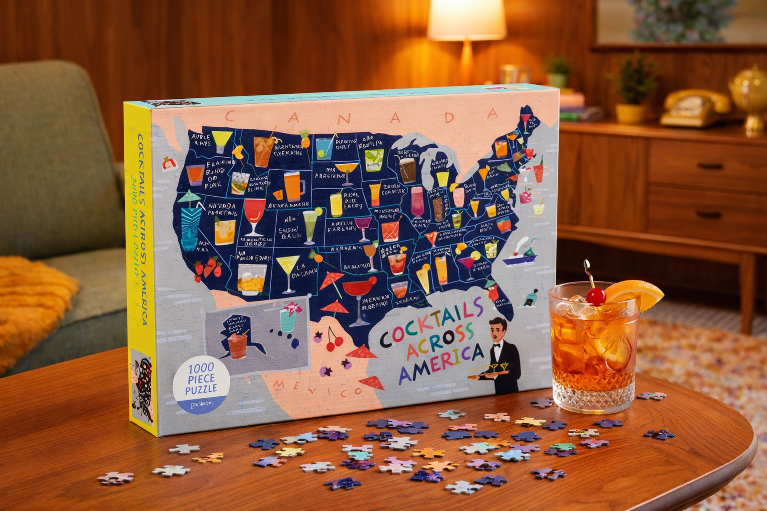 Cocktails Across America 1000-piece puzzle displayed on a wooden table in a warm midcentury modern home with scattered puzzle pieces and an Old Fashioned cocktail.