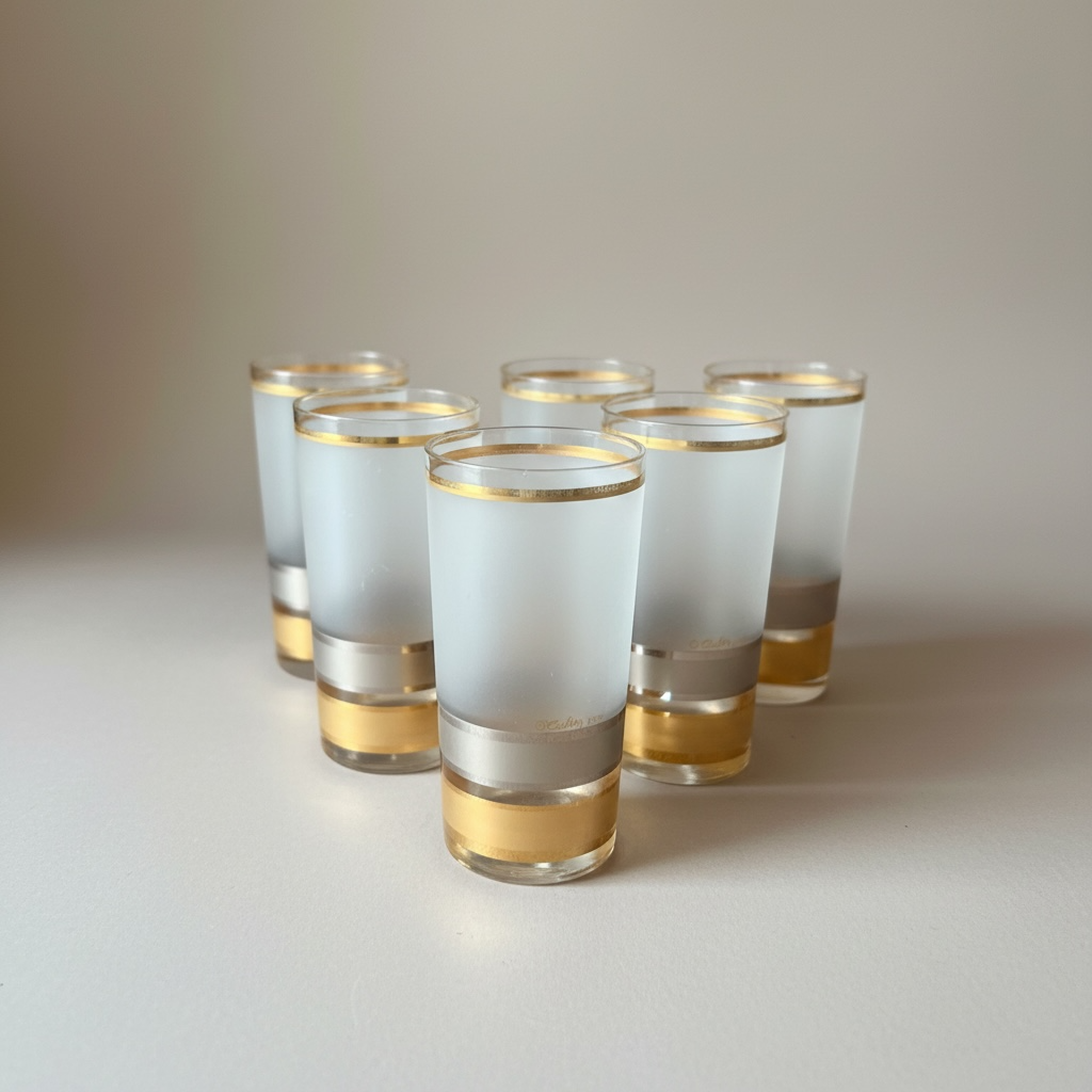 Set of 6 vintage Culver frosted highball glasses with gold band detail arranged together