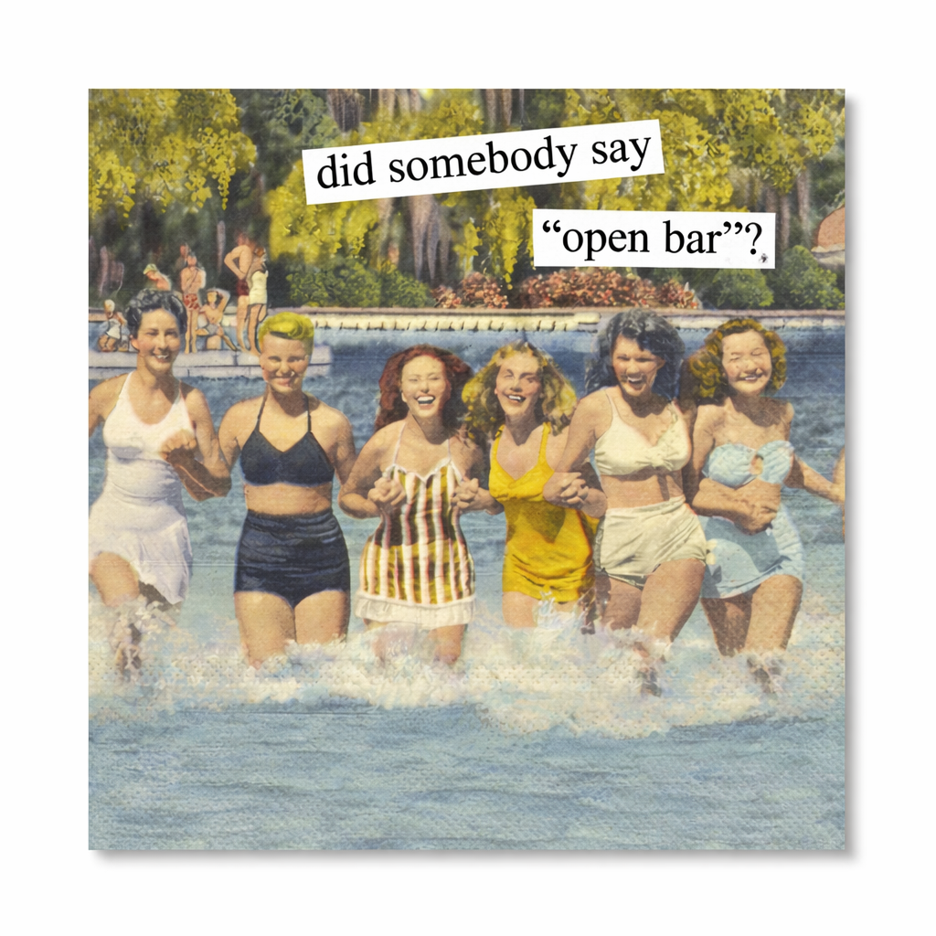 Funny vintage style cocktail napkin reading “Did Somebody Say Open Bar?” featuring retro swimmers running through a pool, perfect for cocktail parties and hostess gifts.