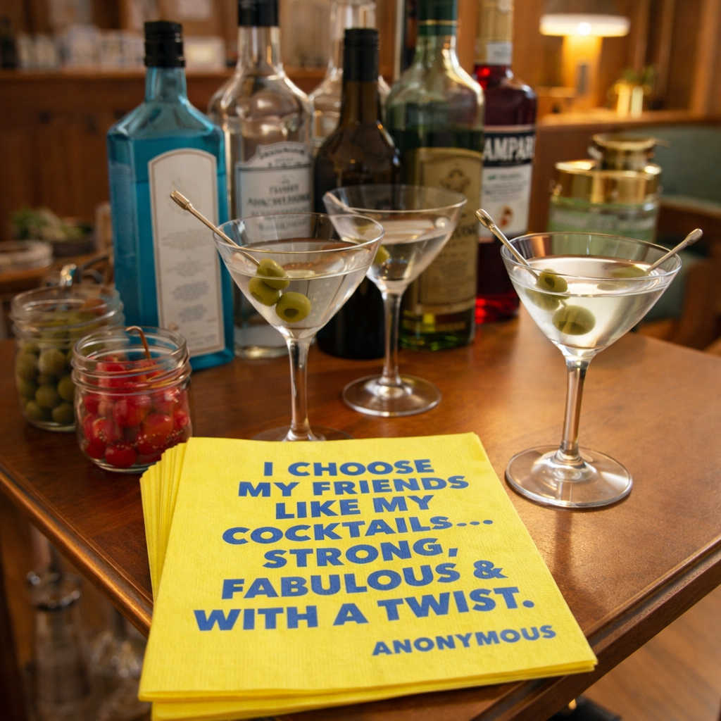 I Choose My Friends Like My Cocktails cocktail napkins displayed with martini glasses on bar cart