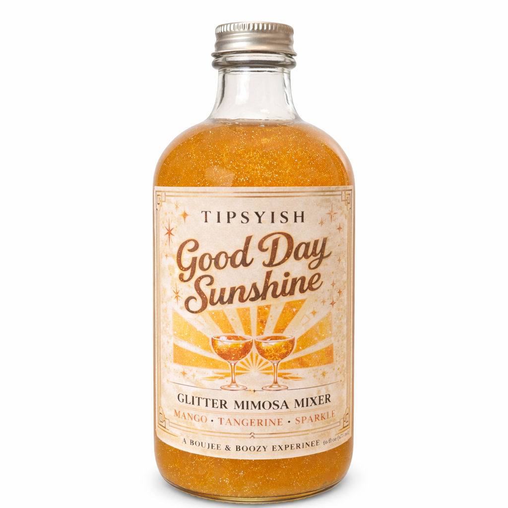 Good Day Sunshine glitter mimosa mixer bottle with mango and tangerine flavor on white background