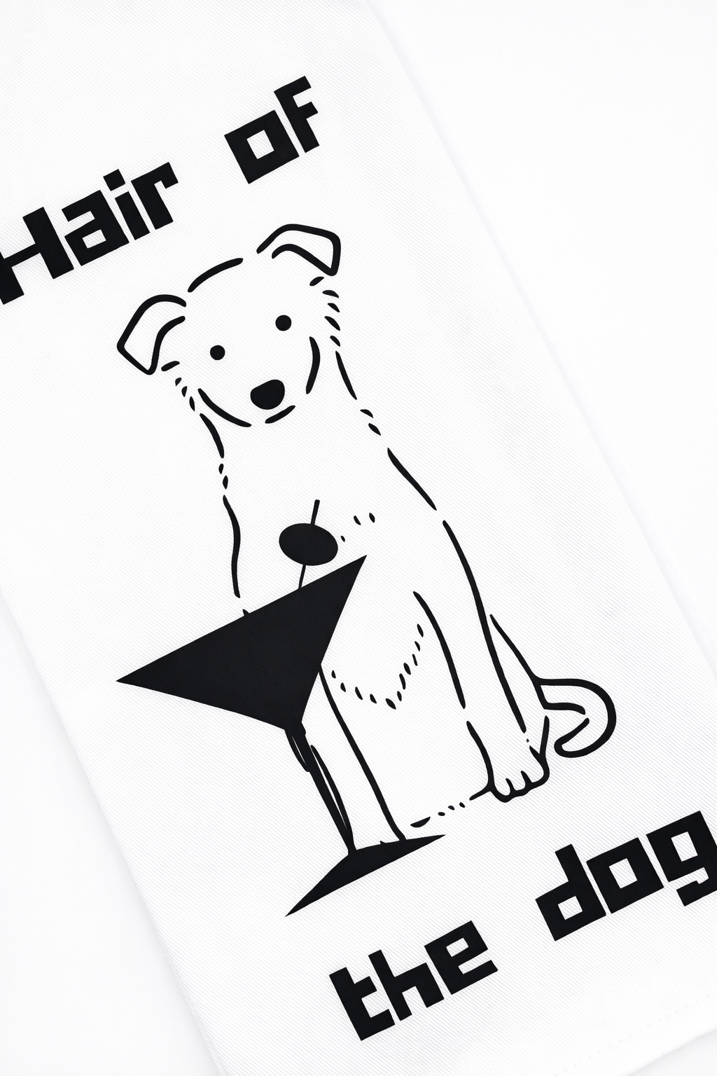 Hair of the Dog cocktail tea towel featuring a minimalist dog holding a martini