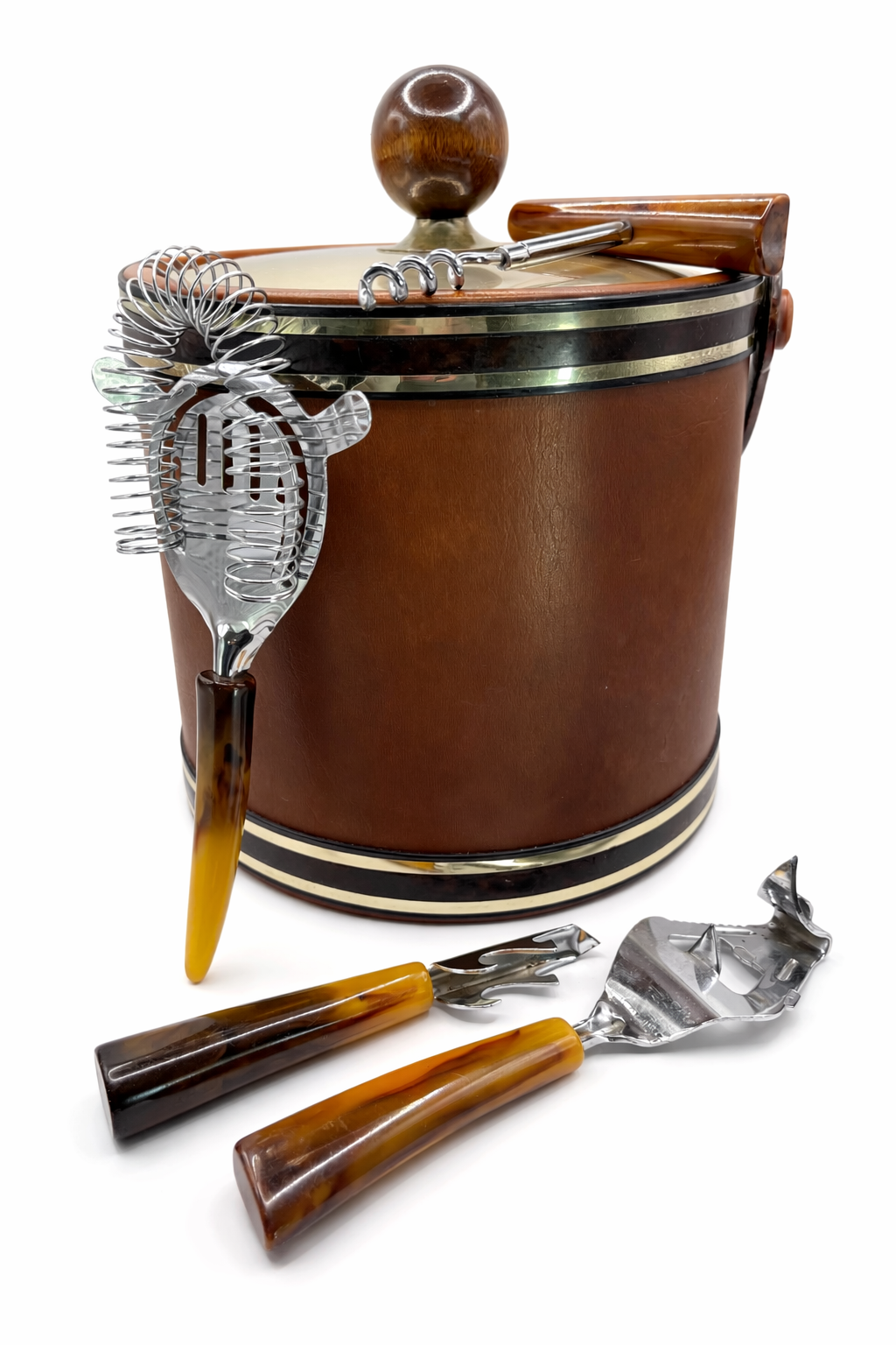 Mid century modern Bakelite barware tool set styled with coordinating ice bucket for bar cart inspiration (bucket not included)