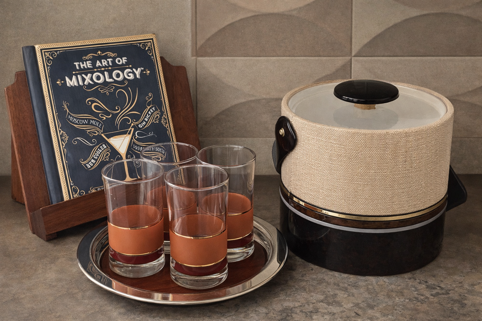 Vintage Georges Briard ice bucket styled with cocktails and mixology book