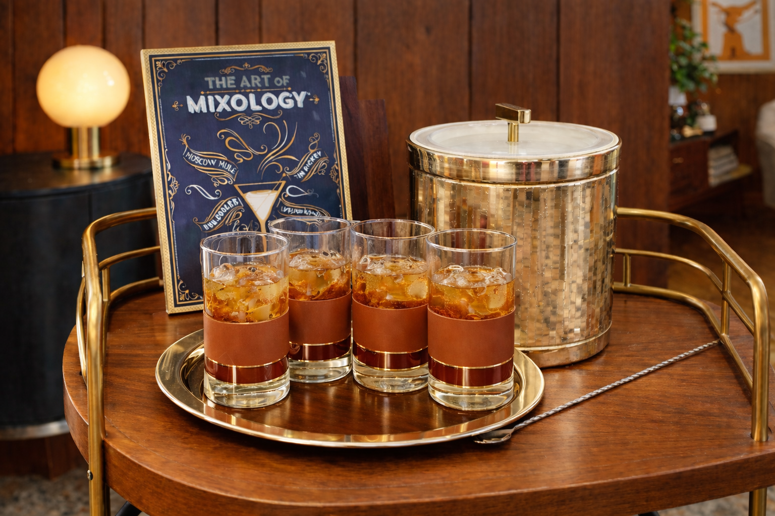 Vintage mid-century modern highball glasses with gold trim styled on a brass bar cart beside an ice bucket and cocktail book