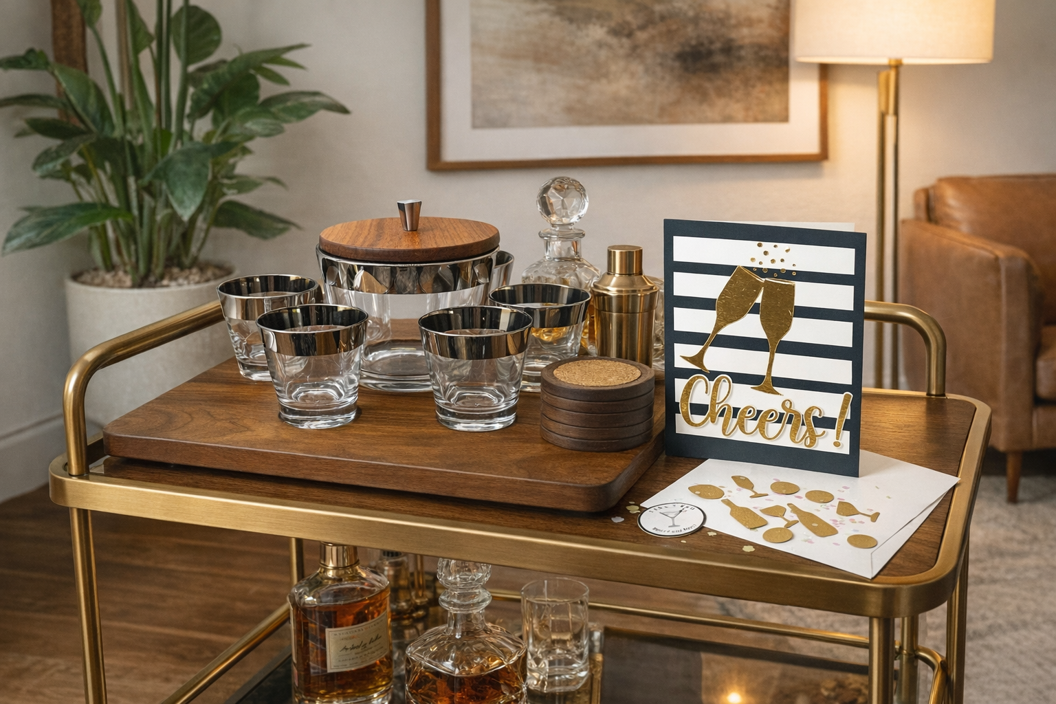 Midcentury modern brass bar cart styled with vintage cocktail glasses, ice bucket, gold shaker, whiskey decanters, and a “Cheers” greeting card for cocktail lovers.