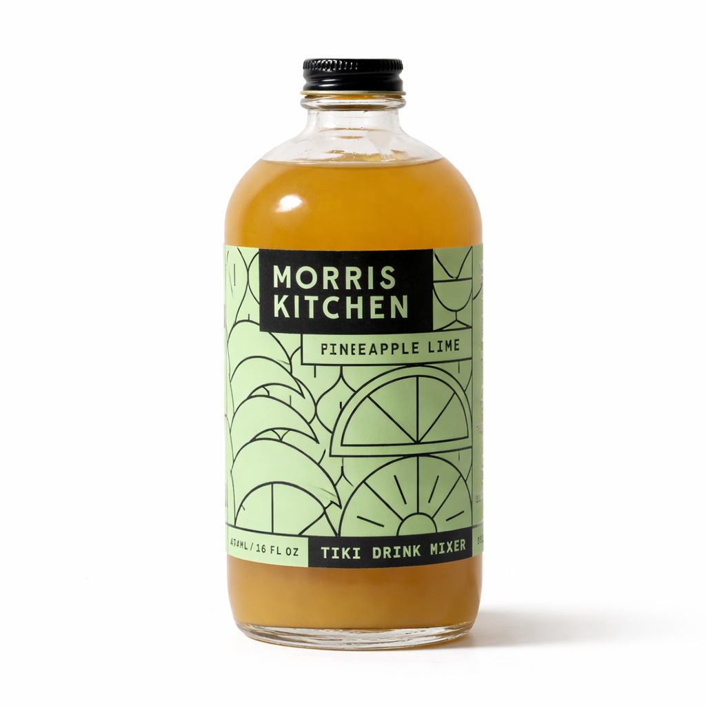 Morris Kitchen Pineapple Lime Tiki Drink Mixer bottle on white background tropical cocktail mixer.