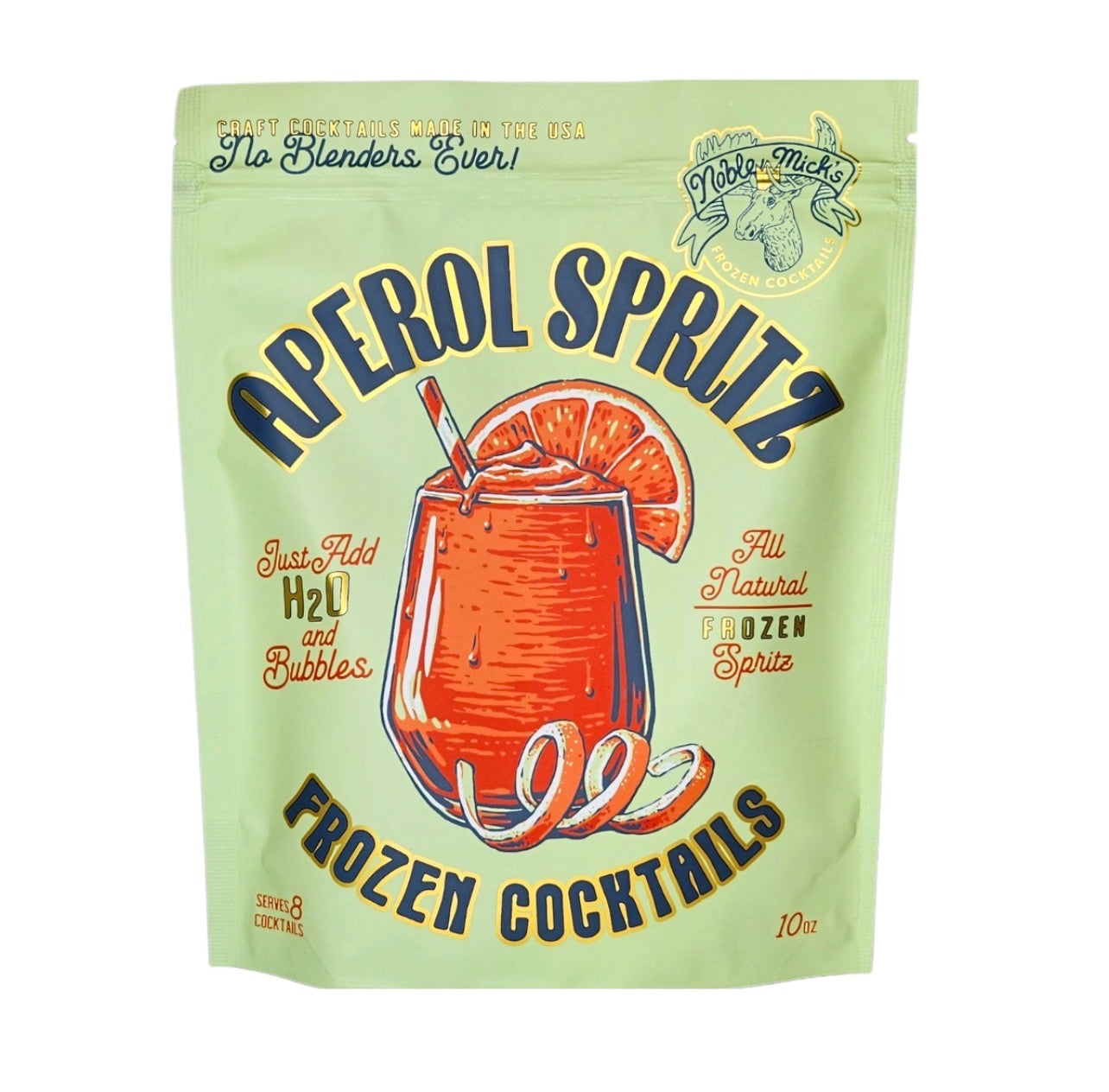 Noble Mick’s frozen Aperol Spritz cocktail mix pouch front packaging makes 8 frozen cocktails