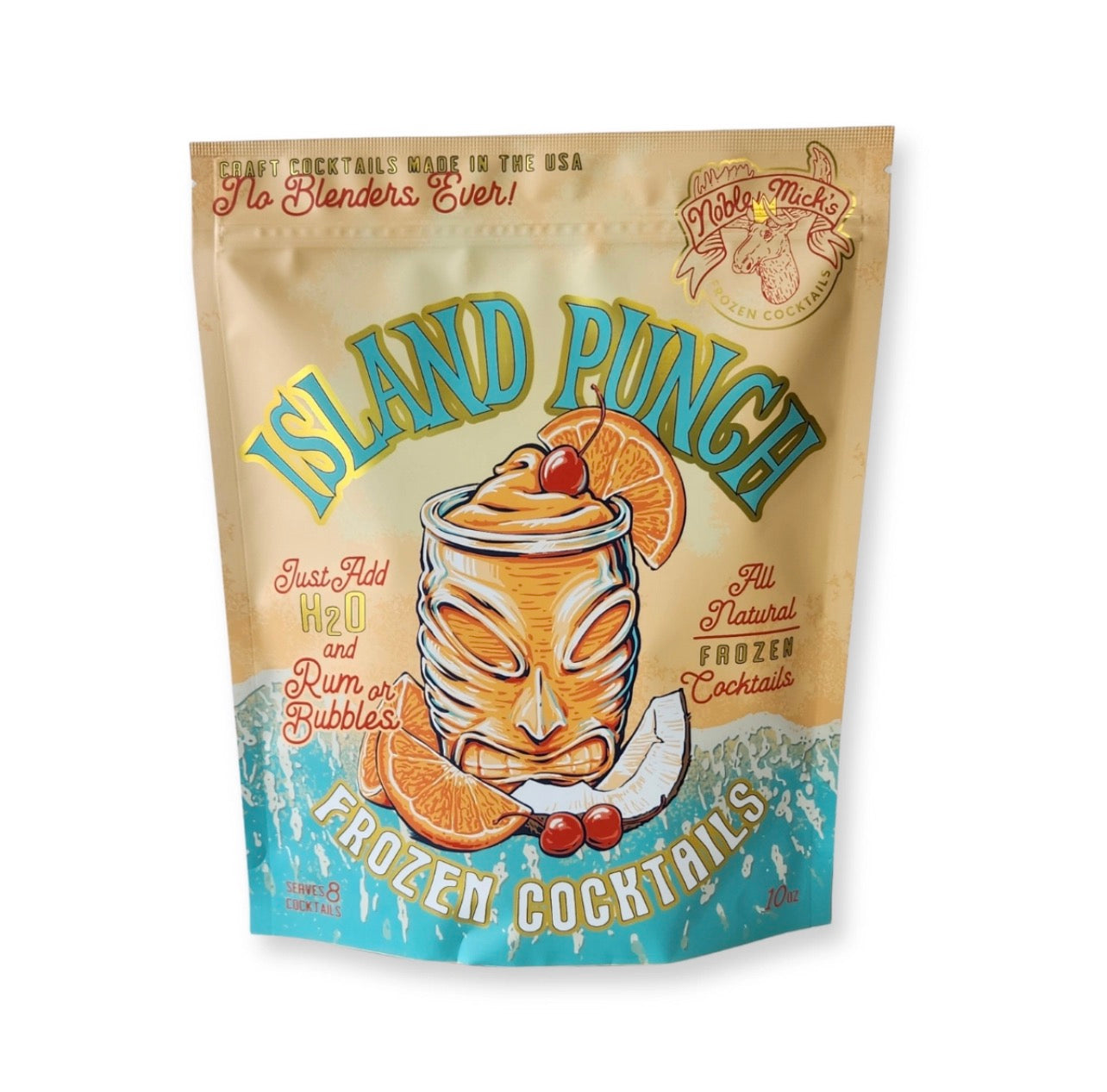 Noble Mick’s frozen Island Punch cocktail mix pouch with tropical tiki style design