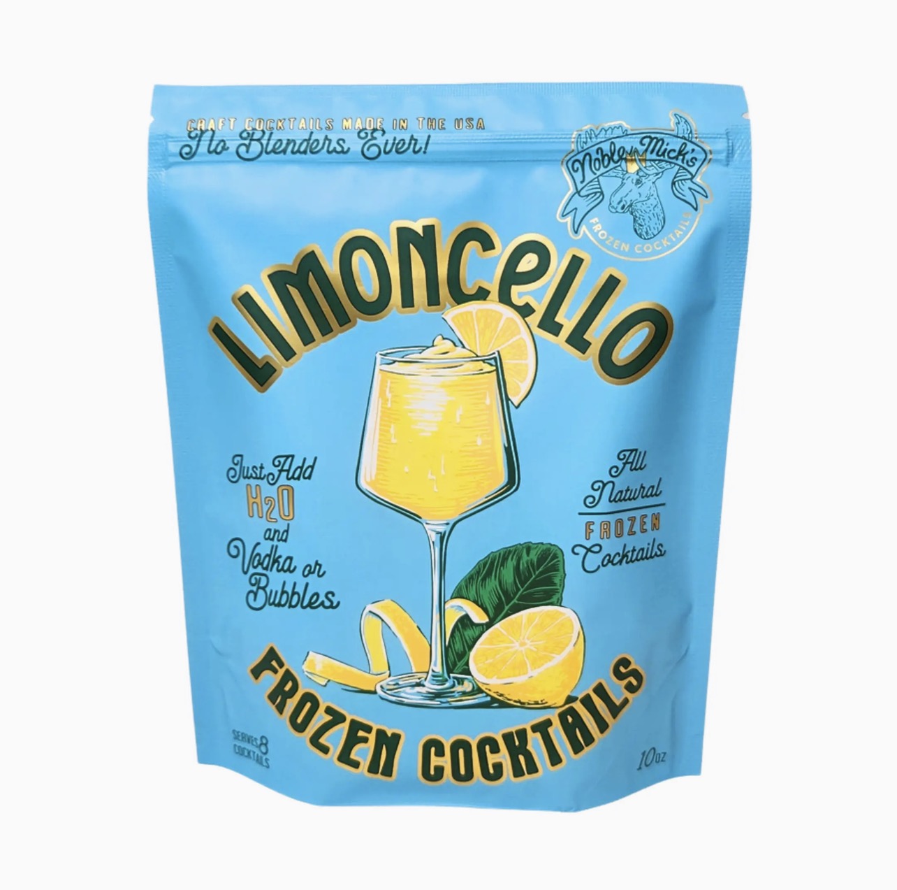 Noble Mick’s frozen limoncello cocktail mix pouch front packaging just add vodka or Prosecco frozen cocktail mix