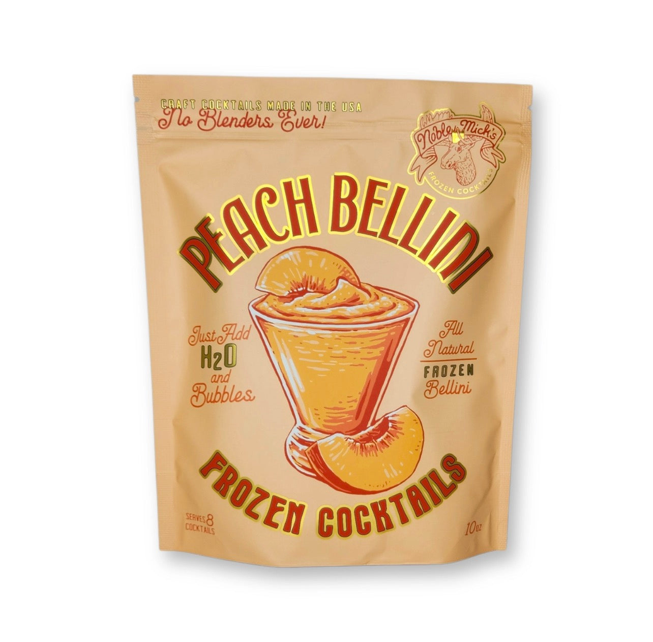 Noble Mick’s frozen peach bellini cocktail mix pouch front packaging makes 8 frozen cocktails