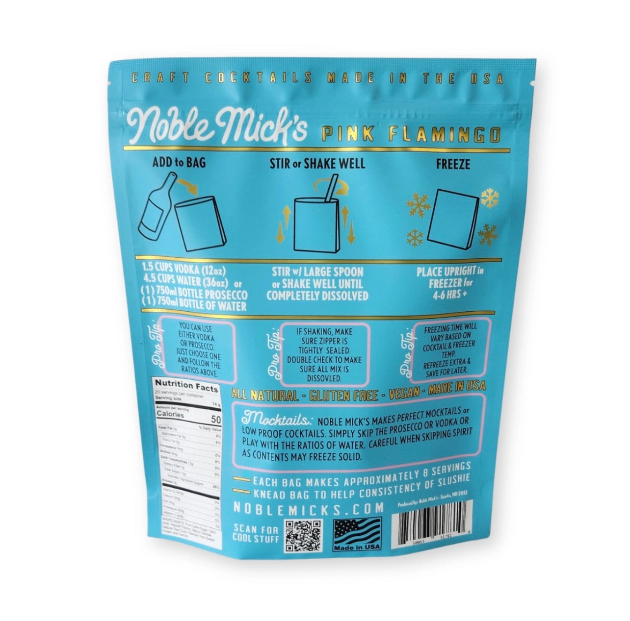 Back of Noble Mick’s frozen Pink Flamingo cocktail mix pouch showing preparation instructions