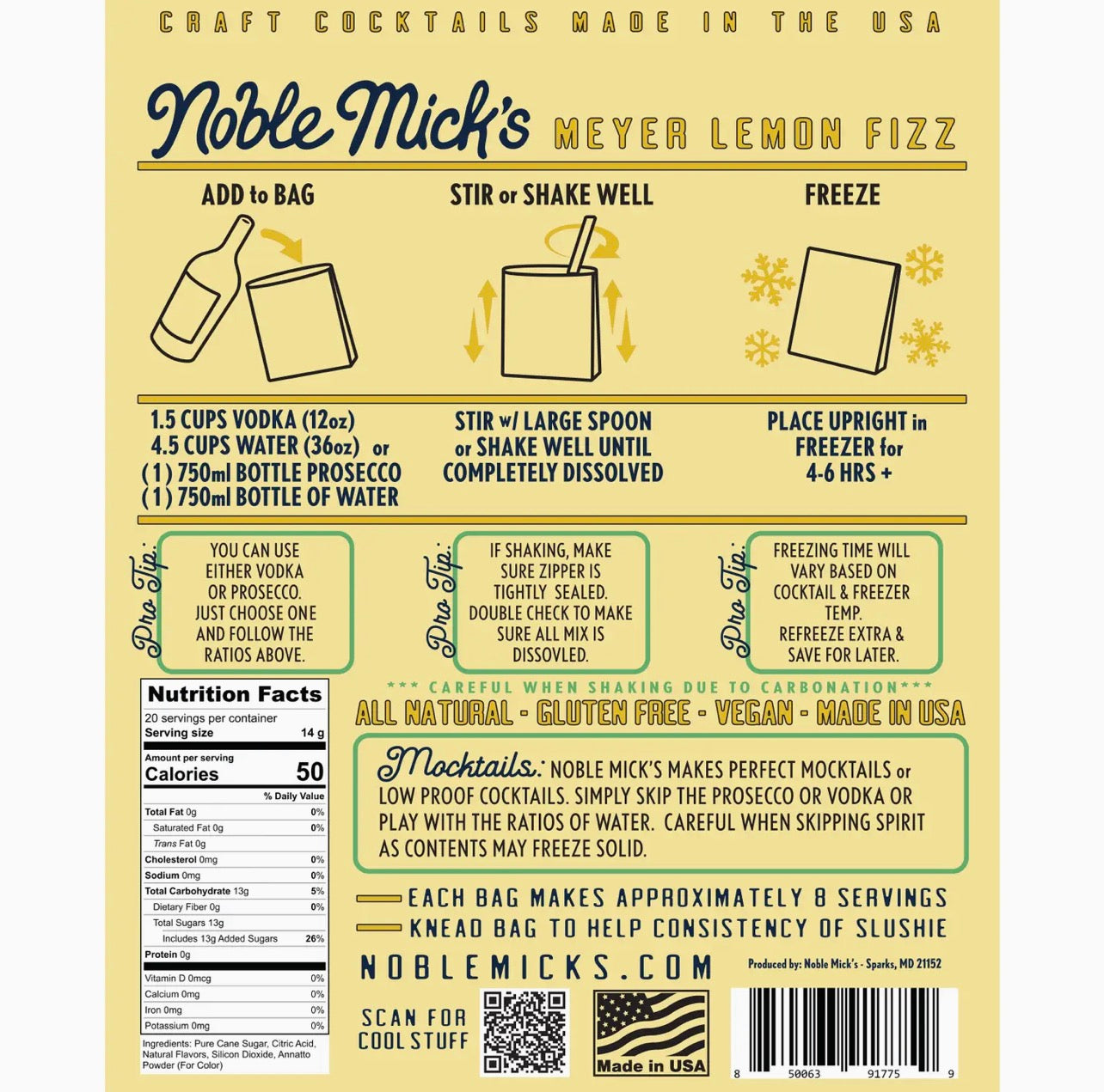 Back of Noble Mick’s Meyer Lemon Fizz frozen cocktail mix pouch showing instructions and preparation steps