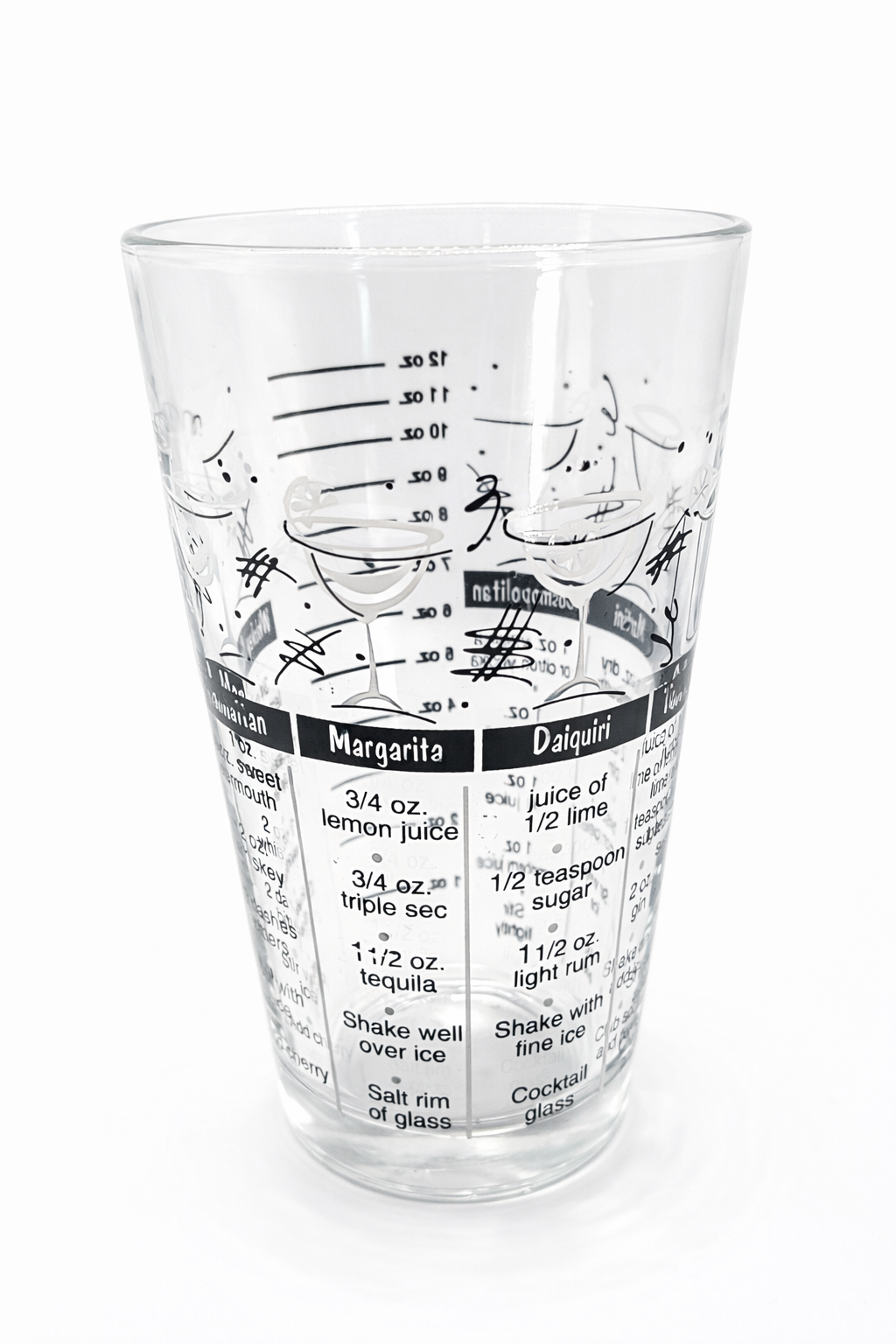 Retro cocktail mixing glass showing Margarita and Daiquiri recipes with printed measurements and mid-century modern graphics.