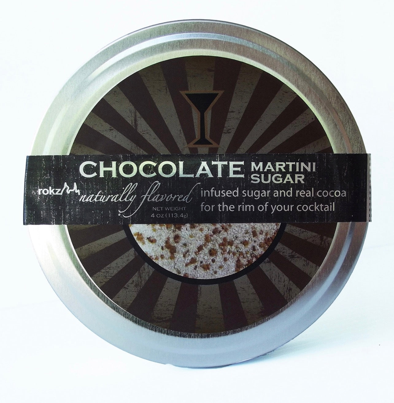 rokz Chocolate Martini Sugar cocktail rimmer container with vintage-style label.