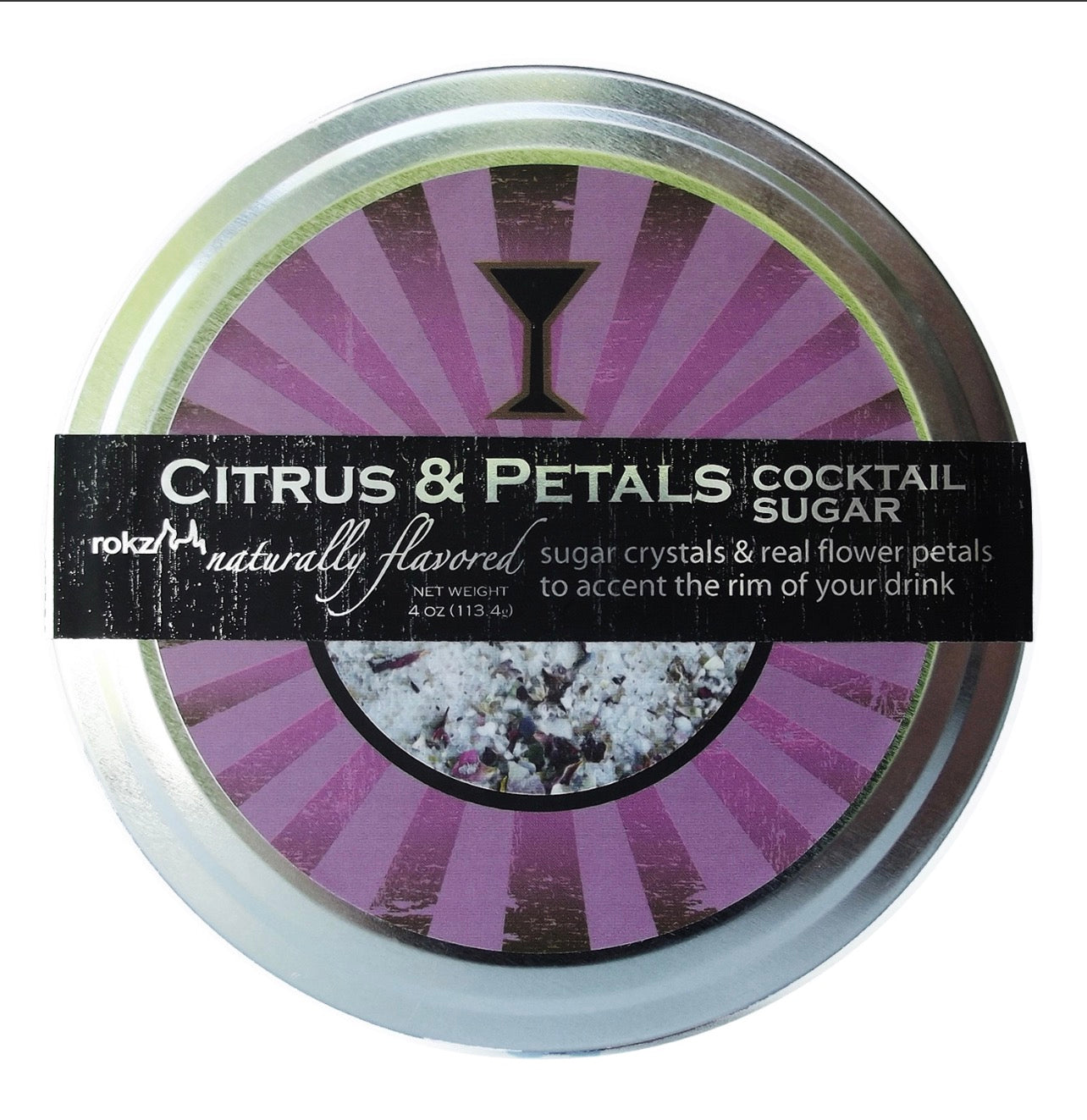 rokz Citrus & Petals cocktail sugar rimmer container with floral-inspired label.