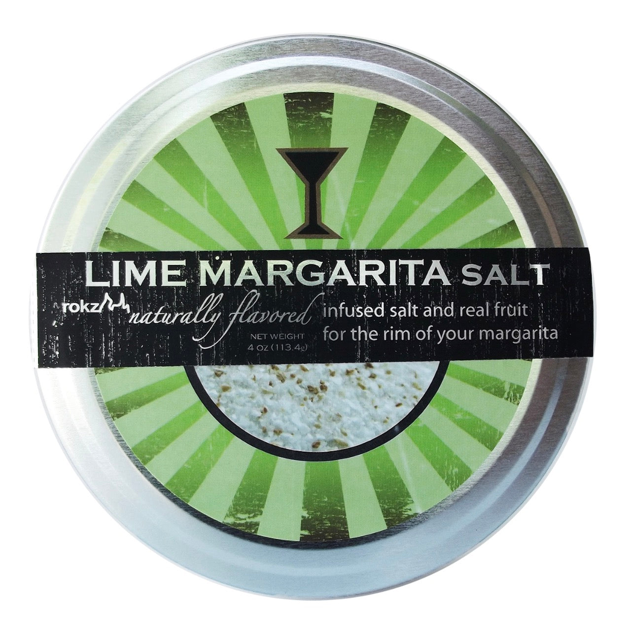 rokz Natural Lime Margarita Salt container with green label design.