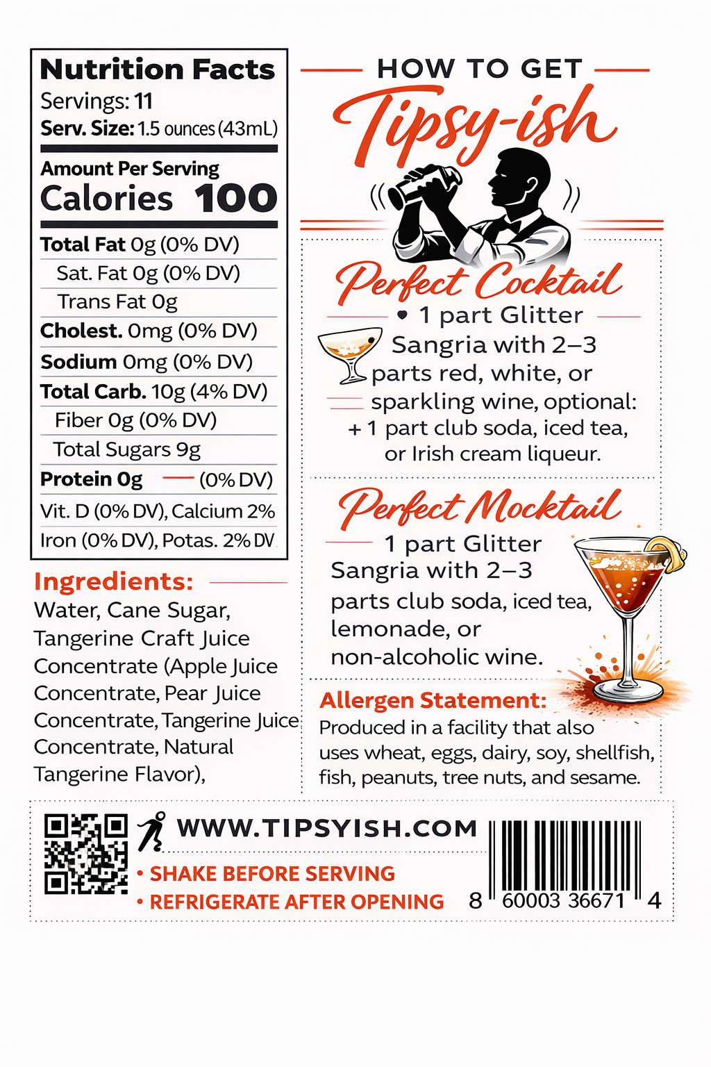 Back label of Tipsyish Extra AF Glitter Sangria Mixer showing ingredients and sangria cocktail instructions.