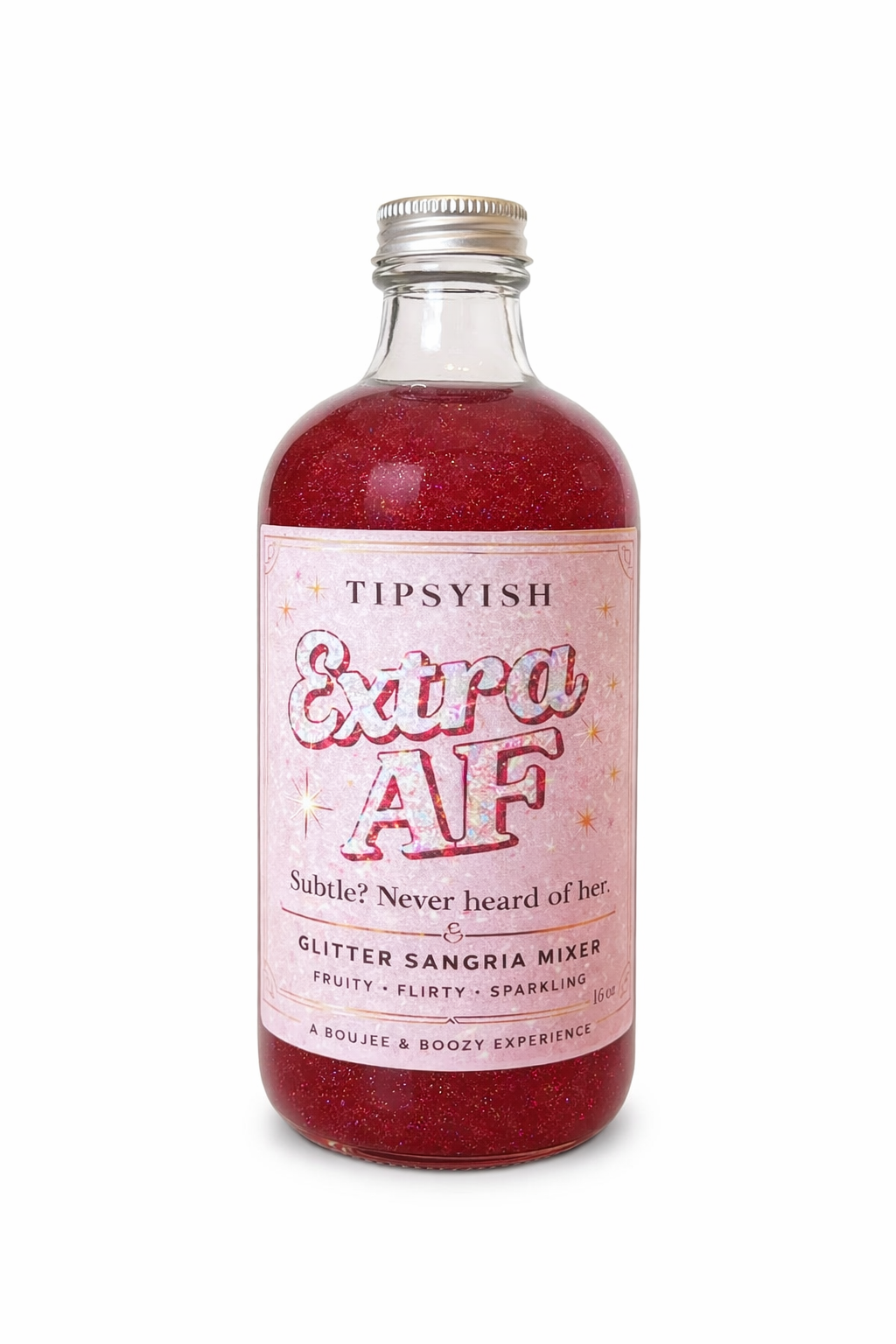 Tipsyish Extra AF Glitter Sangria Mixer bottle with sparkling edible glitter on white background.