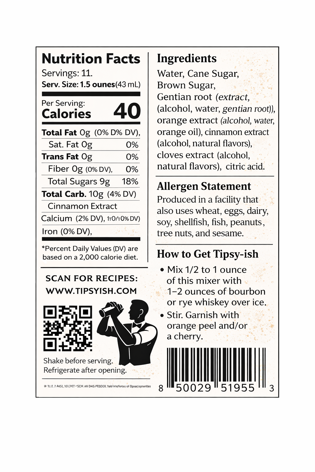 Back label of Tipsyish Mature-ish Old Fashioned Mixer showing ingredients and cocktail instructions.