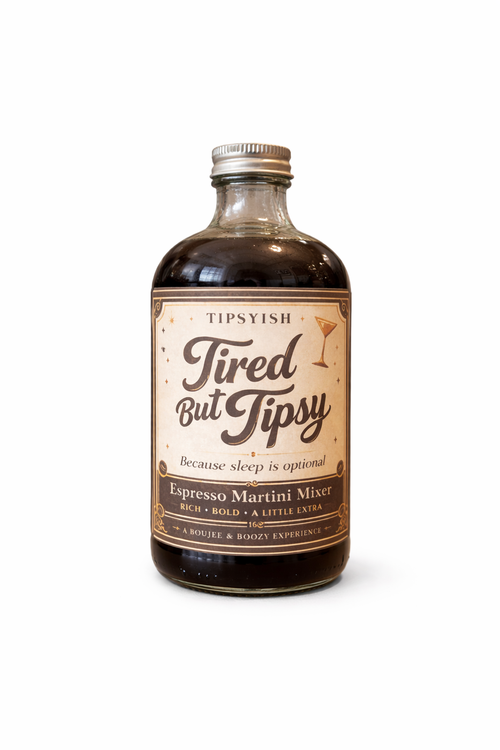 Tipsyish Tired But Tipsy Espresso Martini Mixer bottle with vintage-style label and rich coffee color.