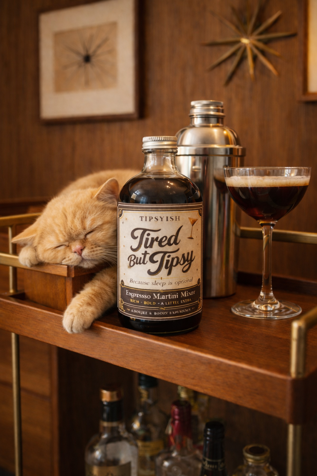 Tipsyish Tired But Tipsy Espresso Martini Mixer on a mid-century modern bar cart with a sleeping orange cat, cocktail shaker, and espresso martini glass.