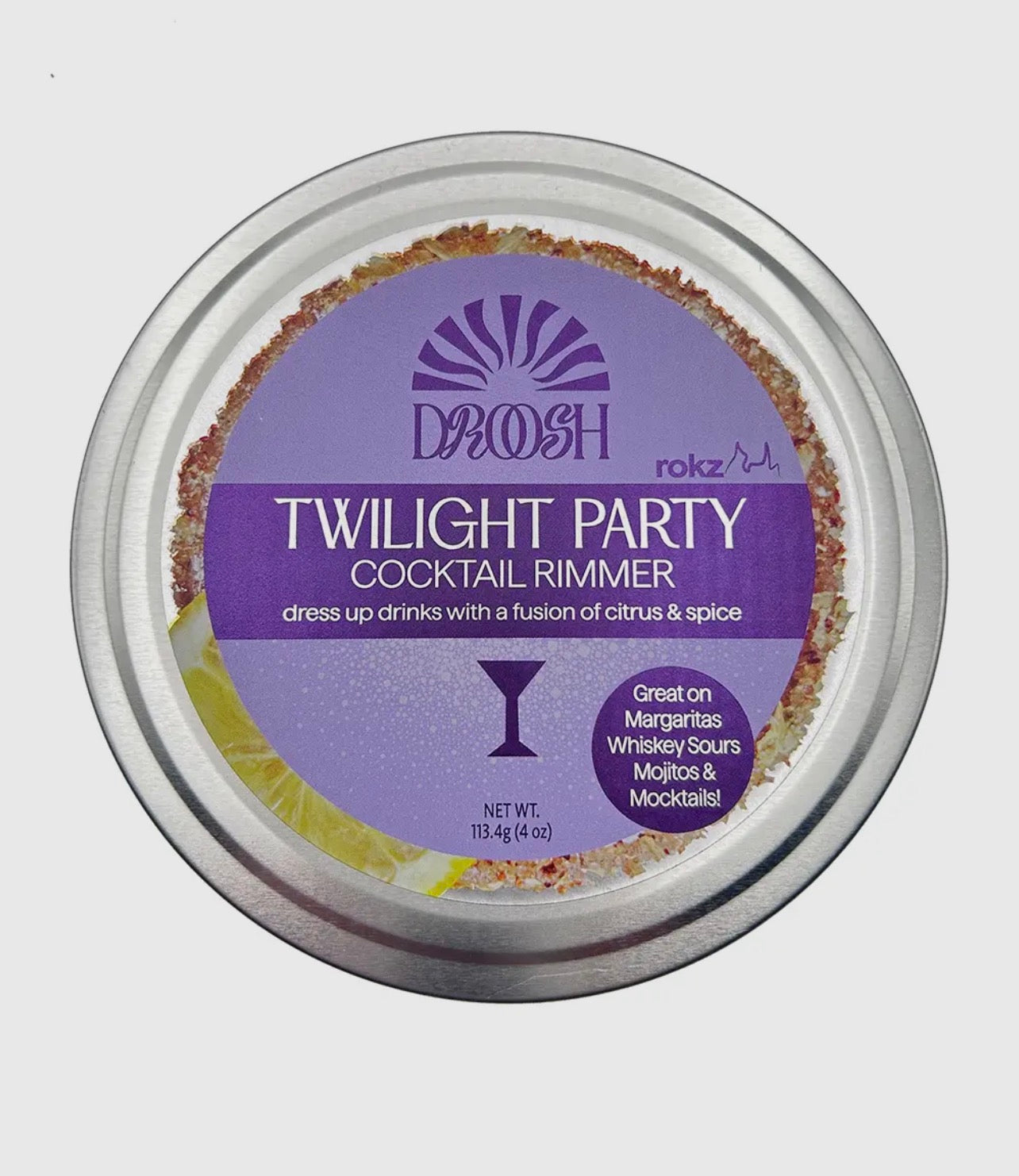 rokz x Droosh Twilight Party Cocktail Sugar Rimmer container with purple label.