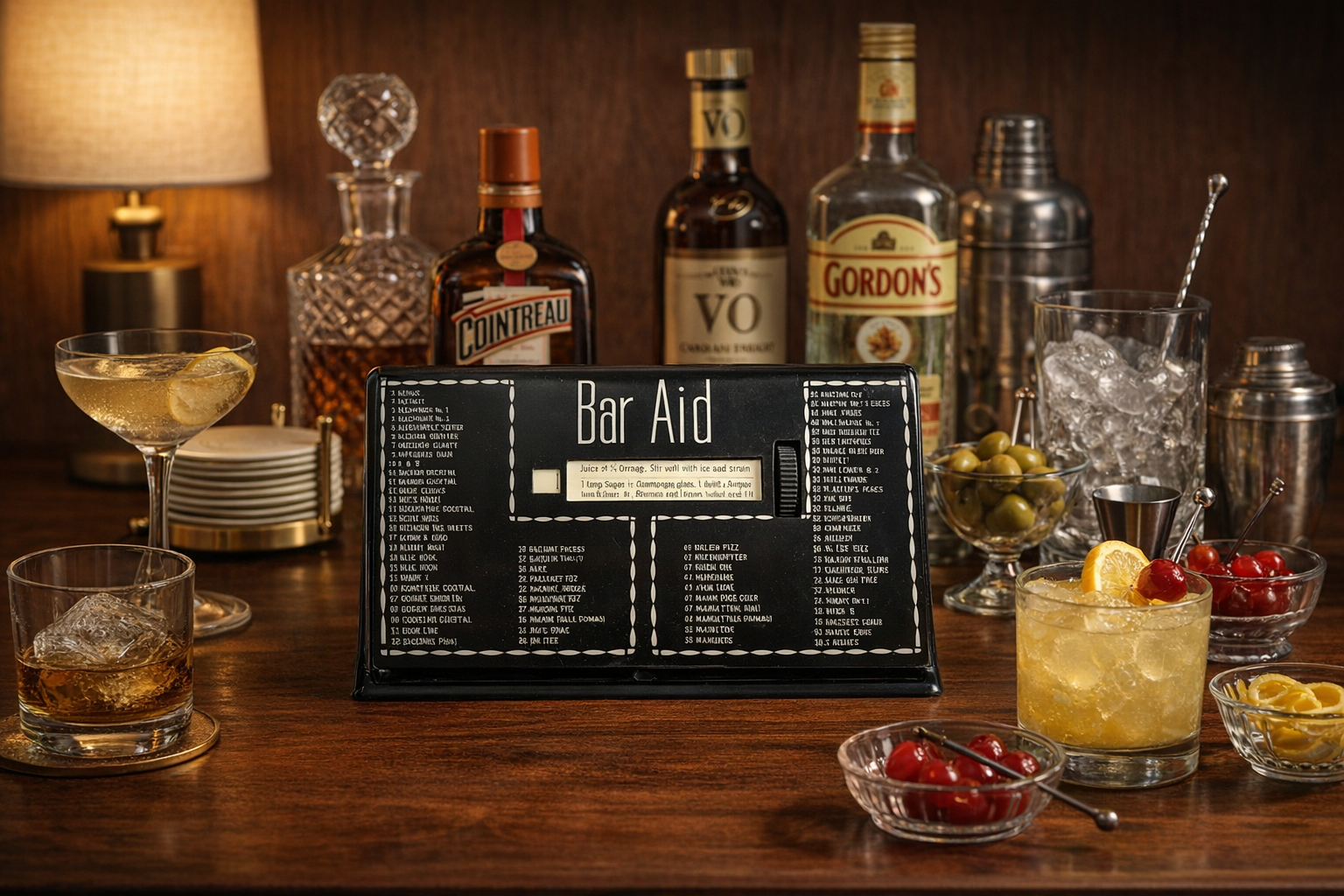 Vintage Bar Aid displayed on a mid century modern home bar with liquor bottles, glasses, cherries, and citrus garnishes.