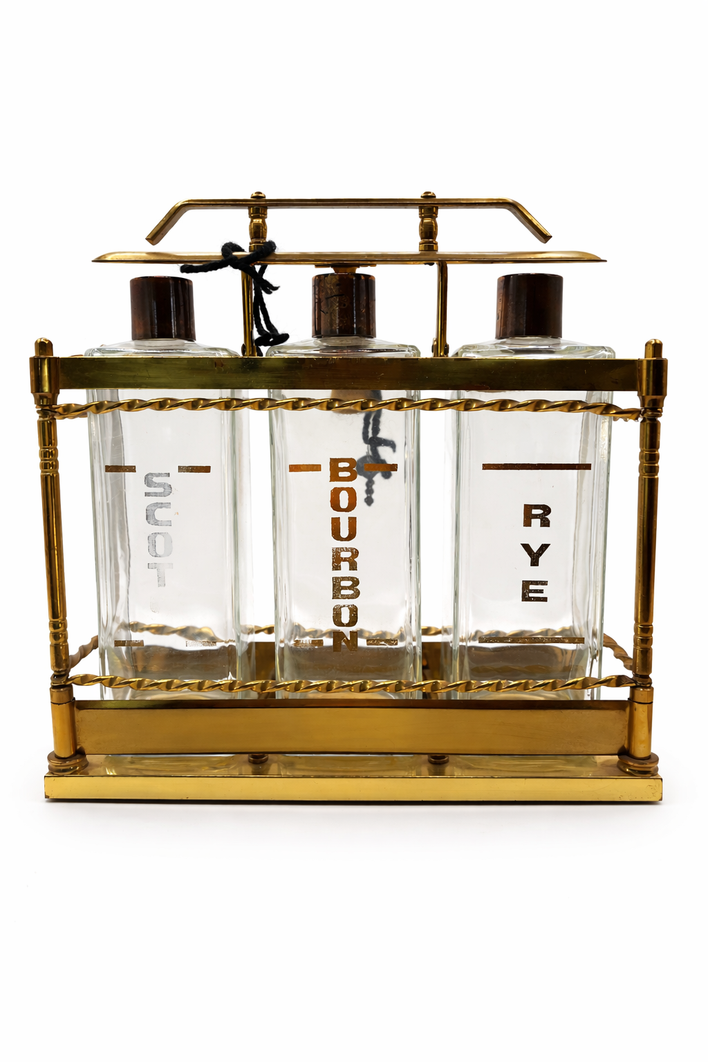 Vintage mid century modern brass liquor decanter set with locking caddy labeled Bourbon Rye Scotch