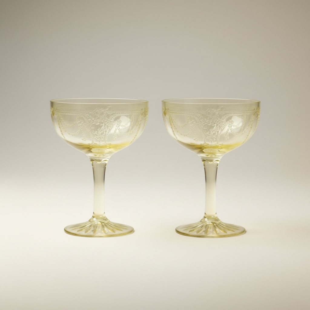 Set of two vintage canary yellow coupe glasses with etched floral detail on a soft grey background