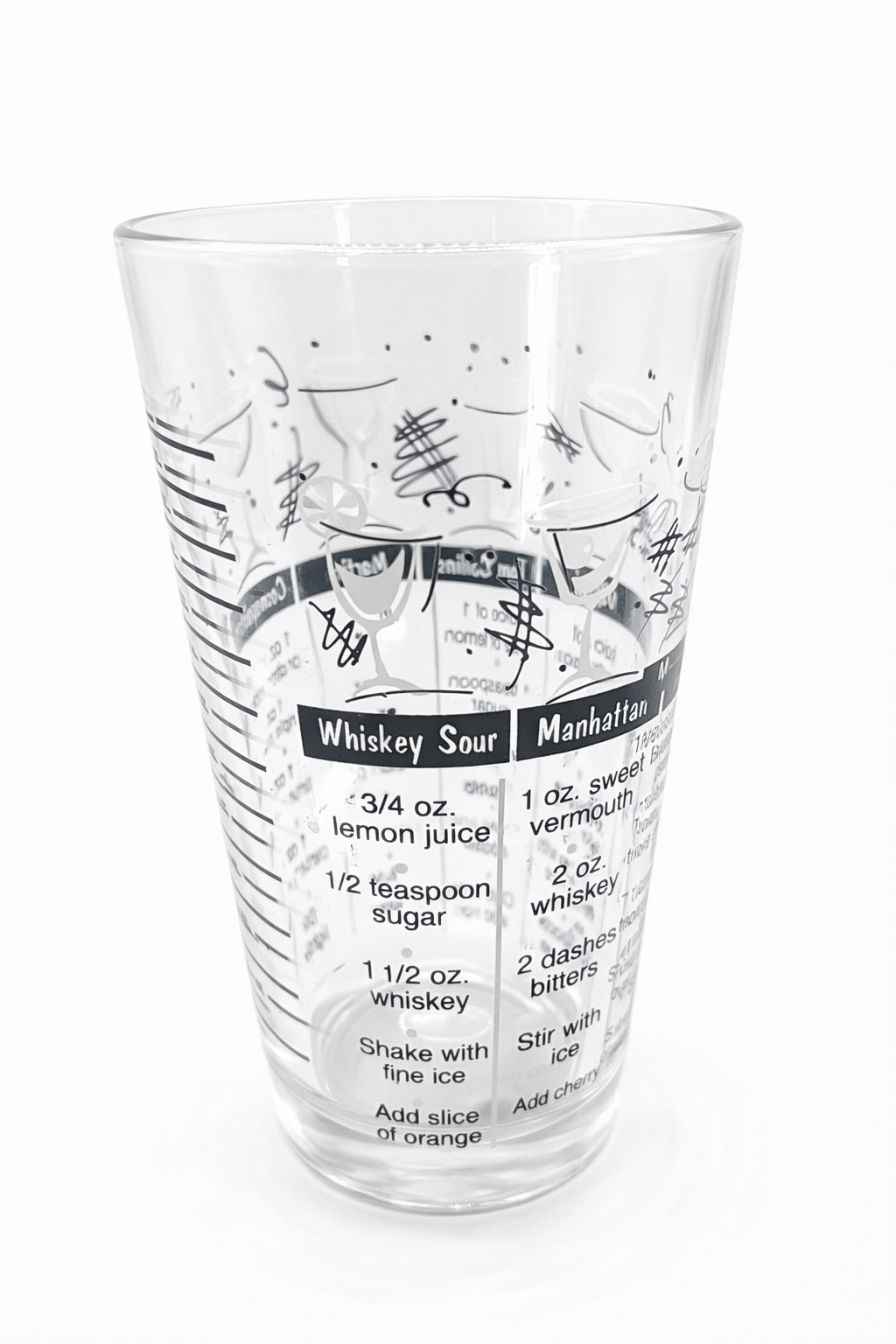 Vintage 12 oz cocktail recipe mixing glass featuring printed Whiskey Sour and Manhattan drink recipes with ounce measurement markings.