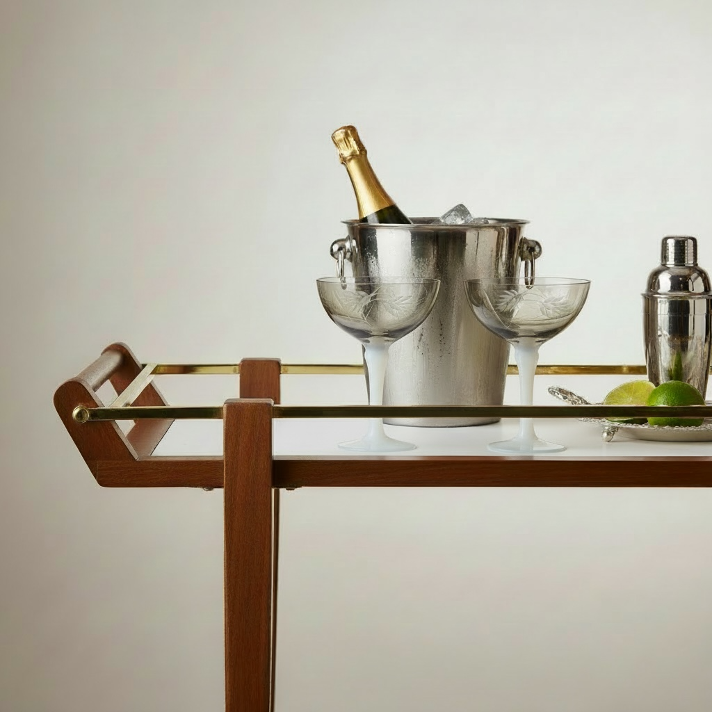 Vintage smoked coupe glasses with opaline stems styled on a midcentury bar cart with champagne bucket, cocktail shaker, and citrus garnish