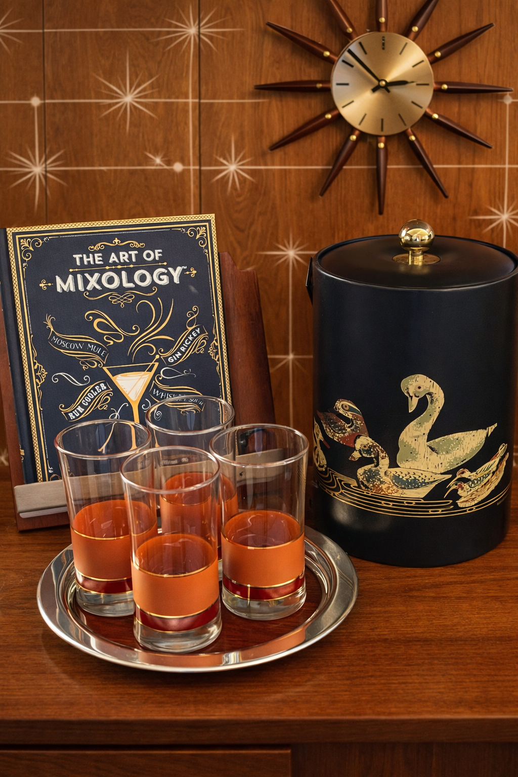 Vintage black duck and swan ice bucket with brass lid beside orange and gold midcentury modern highball glasses on a tray, styled with a mixology book in a warm MCM home bar setting.