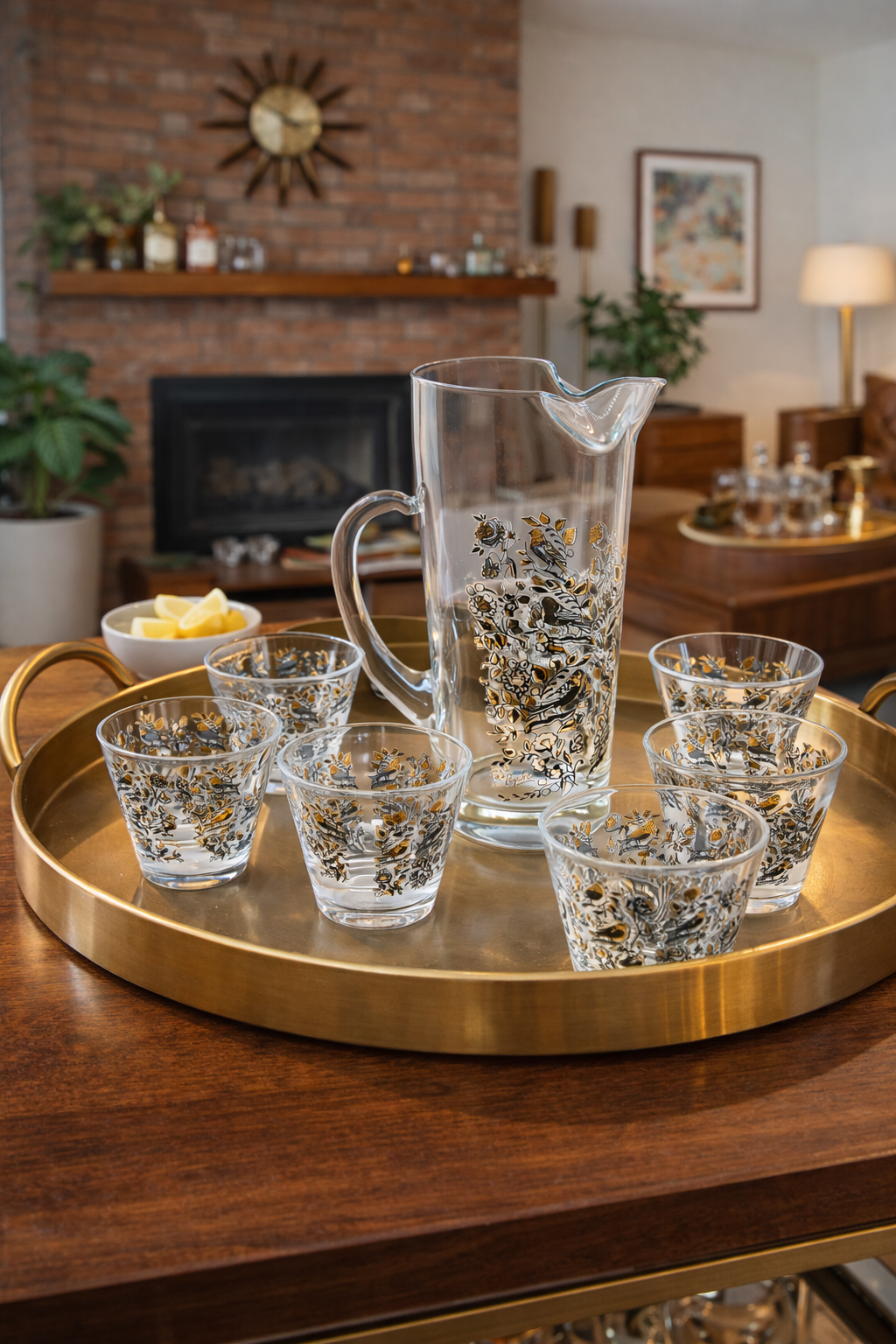 Vintage glass pitcher and matching tumblers with gold bird and floral design displayed on a brass bar tray in a midcentury modern home.