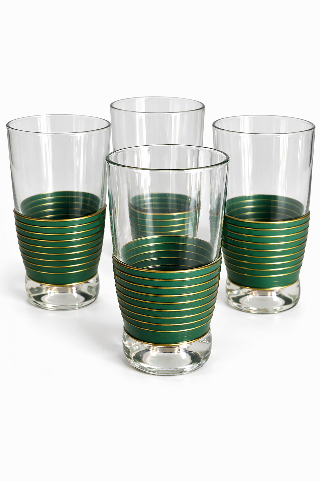Set of four vintage mid-century cocktail glasses with green enamel band and gold rings