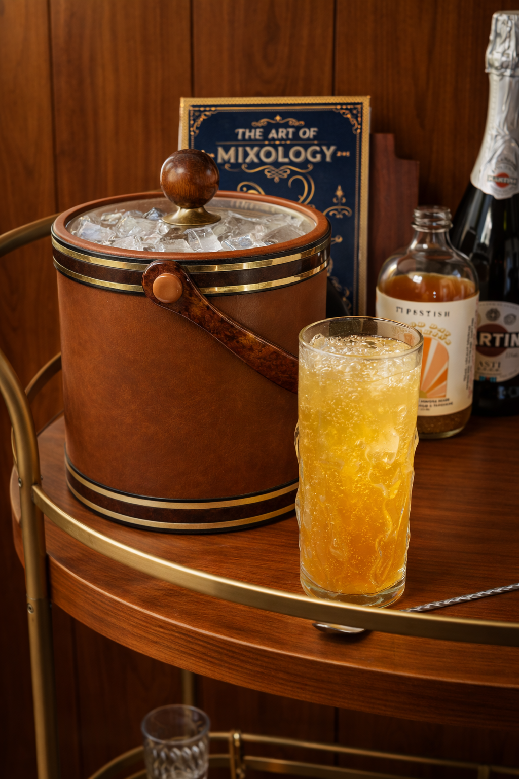 Vintage leather and brass ice bucket with ice on a midcentury modern bar cart beside a sparkling cocktail and mixology book in a warm wood-paneled home bar.
