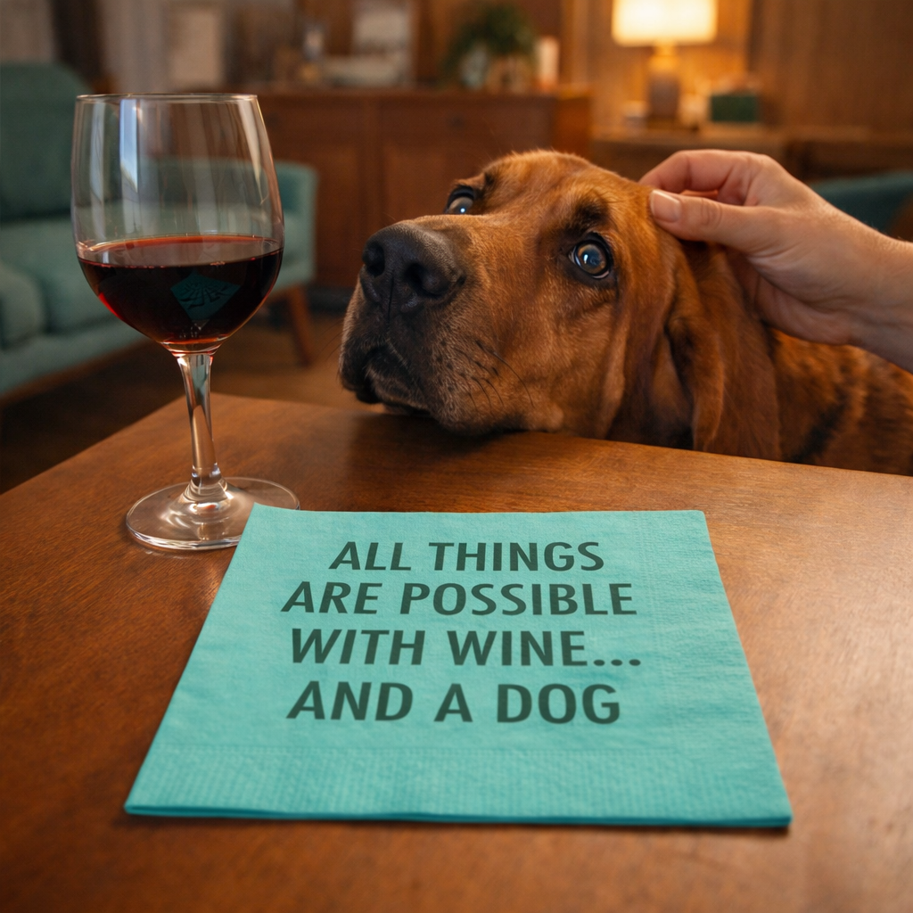 All Things Are Possible With Wine And A Dog cocktail napkins displayed with wine glass and dog