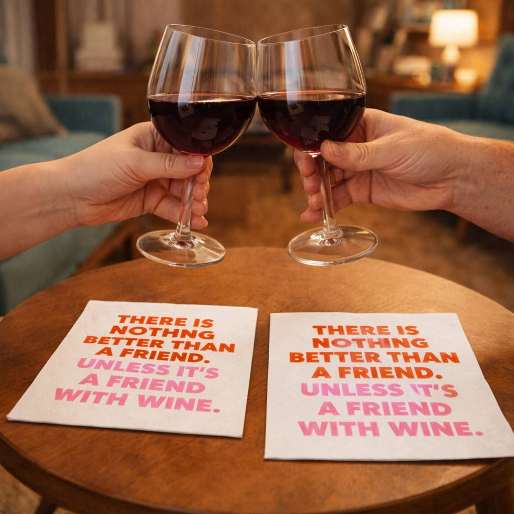 Two people toasting glasses of red wine above a mid-century modern table with cocktail napkins that read “There Is Nothing Better Than a Friend Unless It’s a Friend With Wine.”